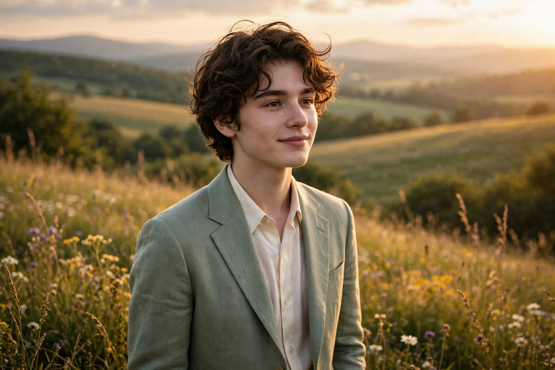 Create an ultra-realistic cinematic photograph of a young person in elegant attire standing in a hilltop meadow in warm light, cinematic composition