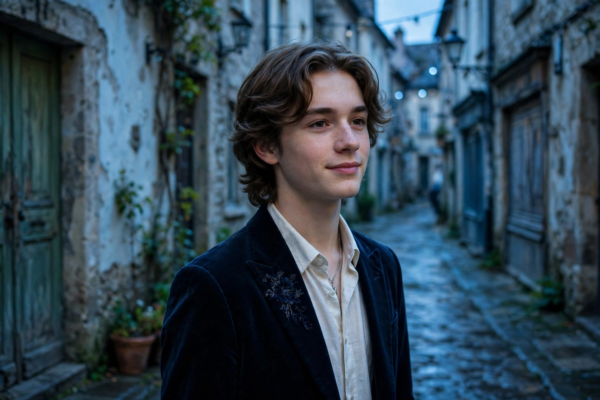 Create an ultra-realistic cinematic photograph of a young person in elegant attire standing in a old town alley in cool light, cinematic composition
