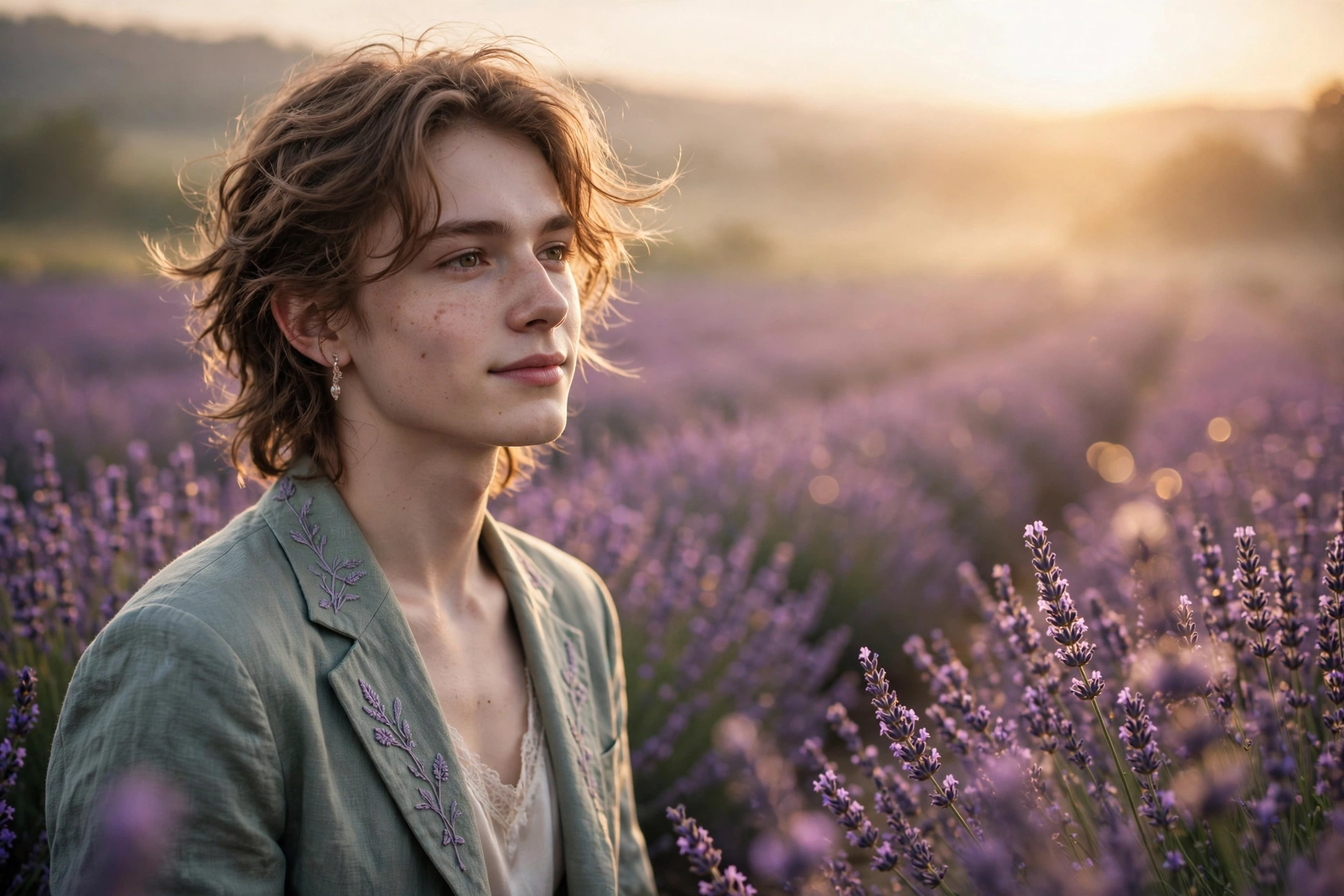 Create an ultra-realistic cinematic photograph of a young person in elegant attire standing in a lavender field in dreamy light, cinematic composition