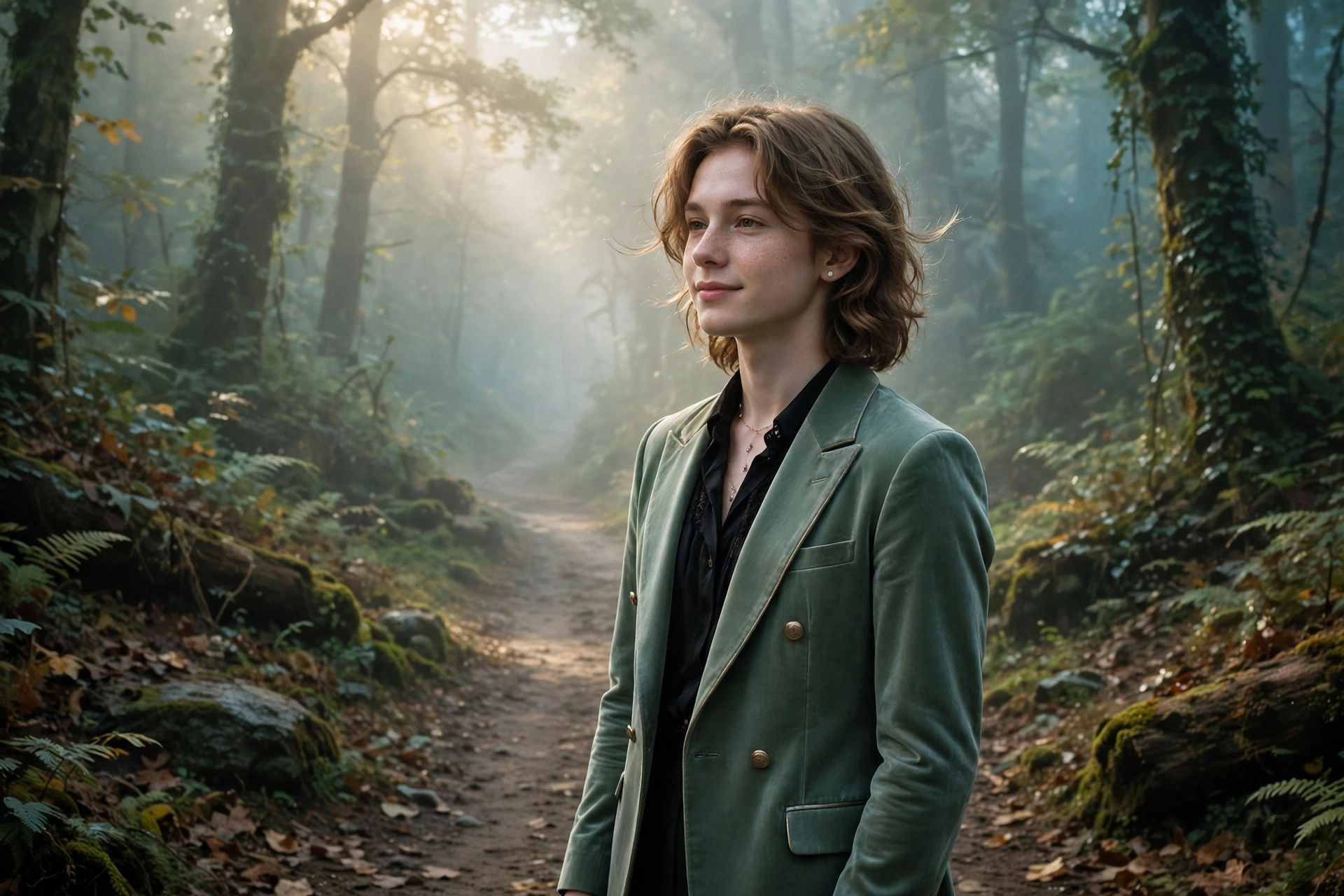 Create an ultra-realistic cinematic photograph of a young person in elegant attire standing in a foggy forest path in cinematic light, cinematic compo