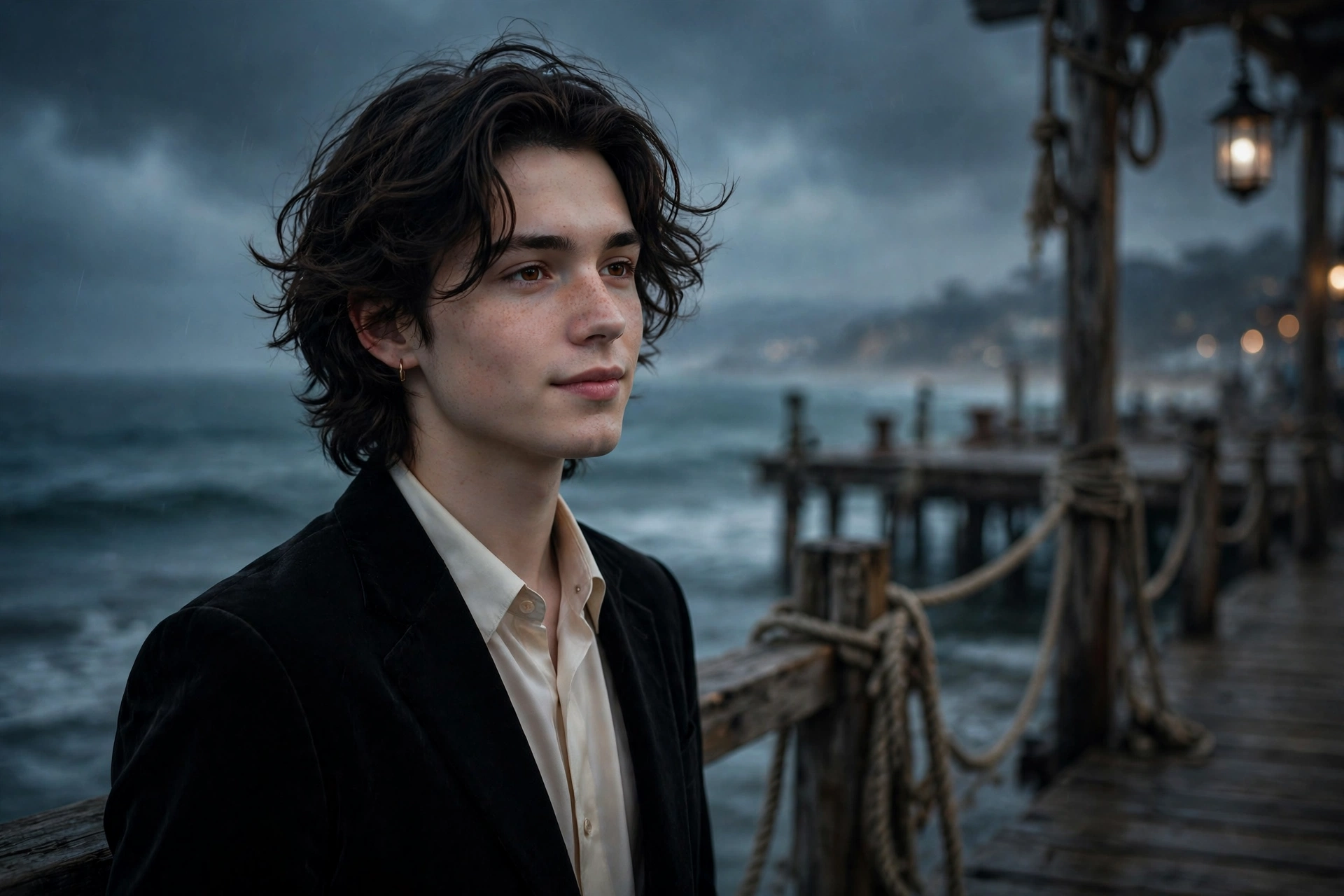 Create an ultra-realistic cinematic photograph of a young person in elegant attire standing in a seaside pier in moody light, cinematic composition, g