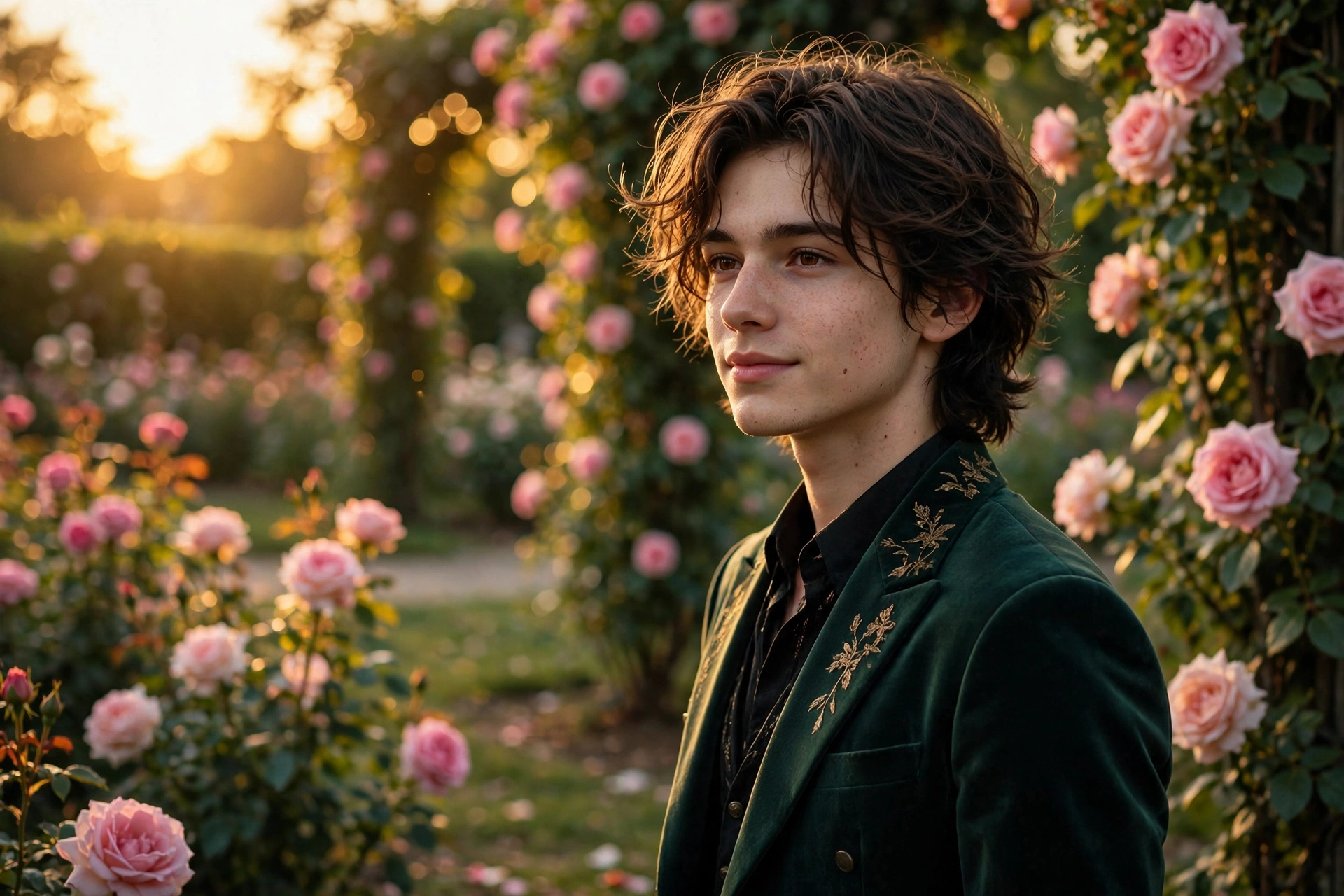 Create an ultra-realistic cinematic photograph of a young person in elegant attire standing in a rose garden in golden light, cinematic composition, g