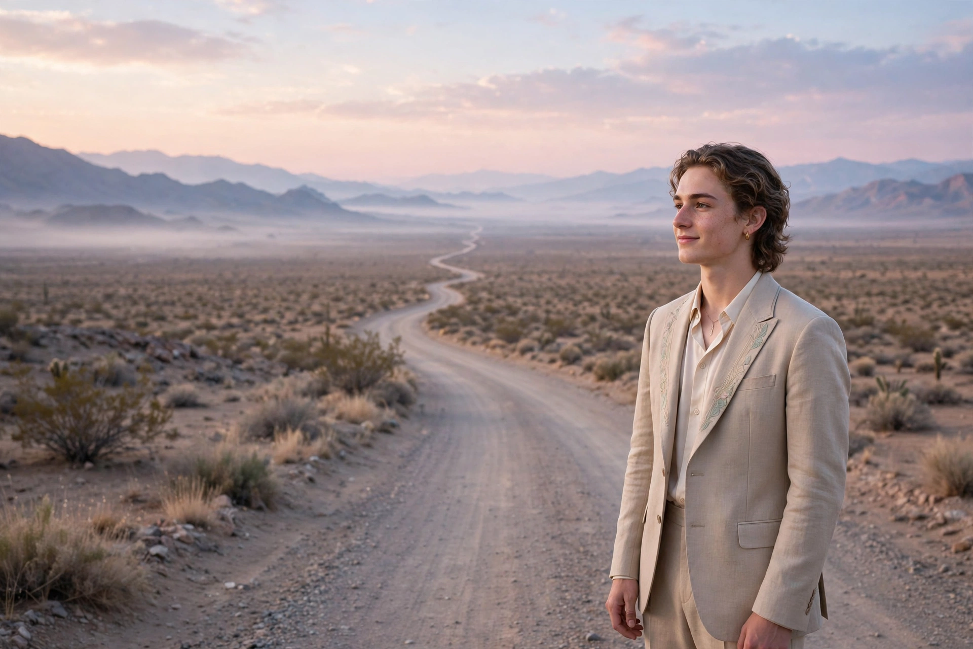 Create an ultra-realistic cinematic photograph of a young person in elegant attire standing in a desert road in pastel light, cinematic composition, g