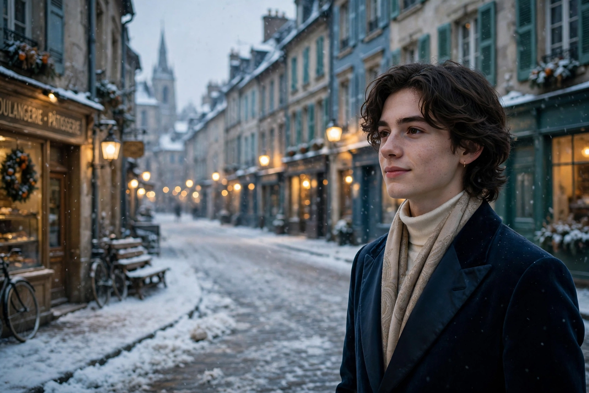 Create an ultra-realistic cinematic photograph of a young person in elegant attire standing in a snowy street in vintage light, cinematic composition
