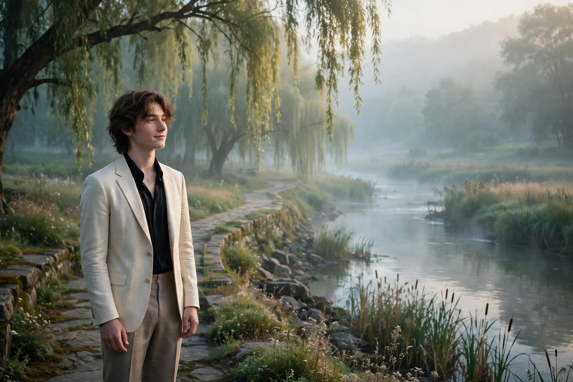 Create an ultra-realistic cinematic photograph of a young person in elegant attire standing in a riverside walk in ethereal light, cinematic compositi