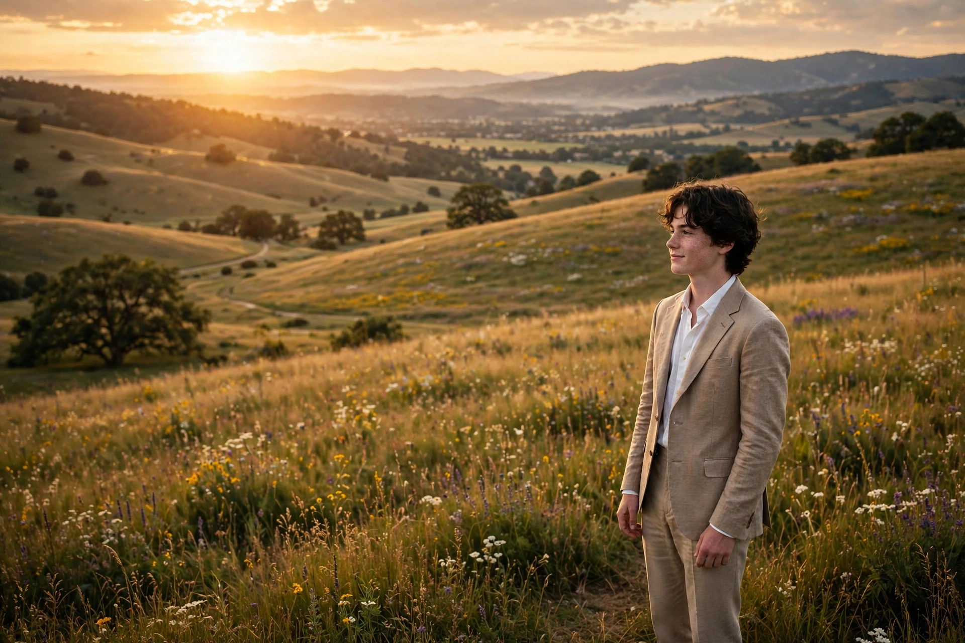 Create an ultra-realistic cinematic photograph of a young person in elegant attire standing in a hilltop meadow in warm light, cinematic composition