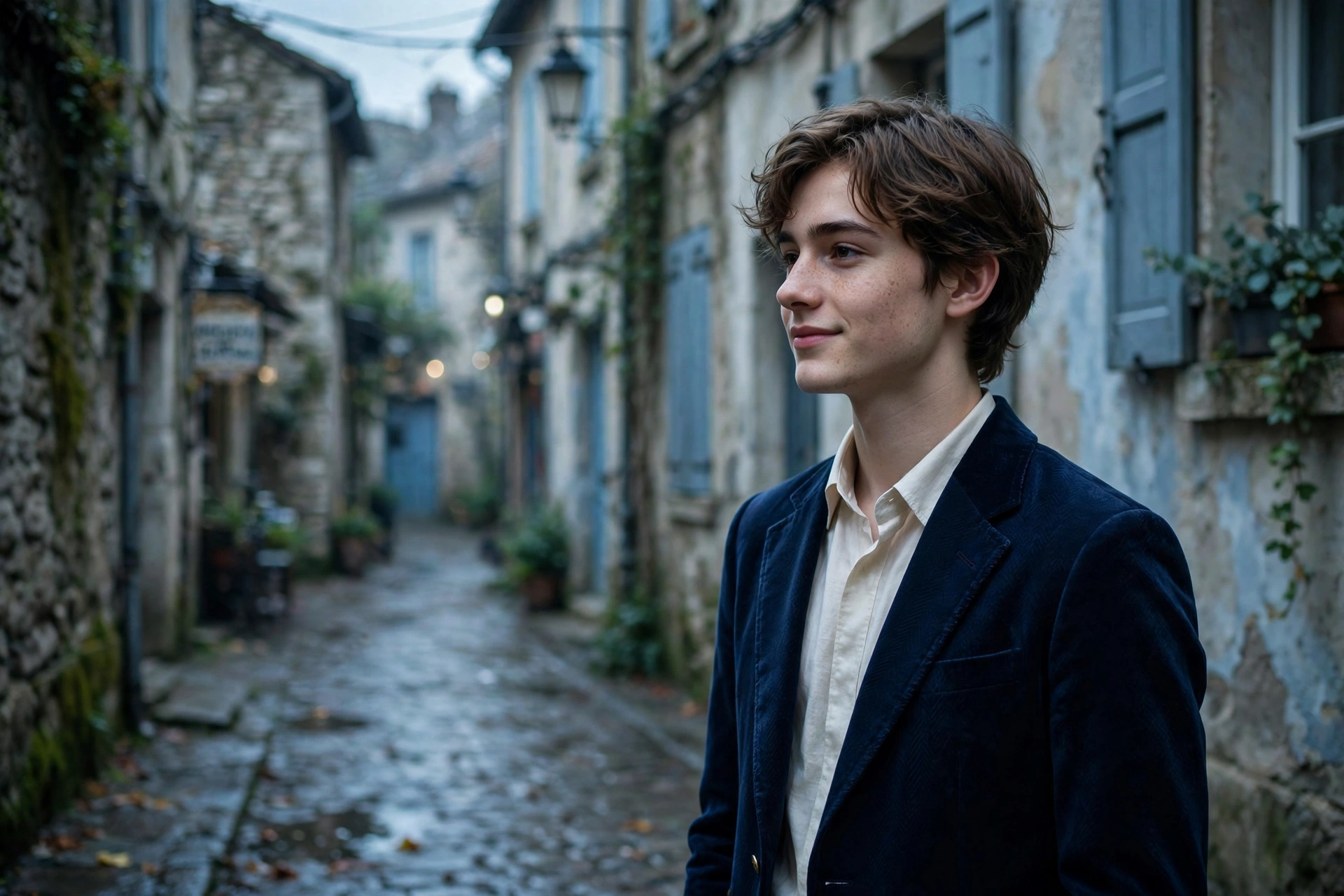Create an ultra-realistic cinematic photograph of a young person in elegant attire standing in a old town alley in cool light, cinematic composition