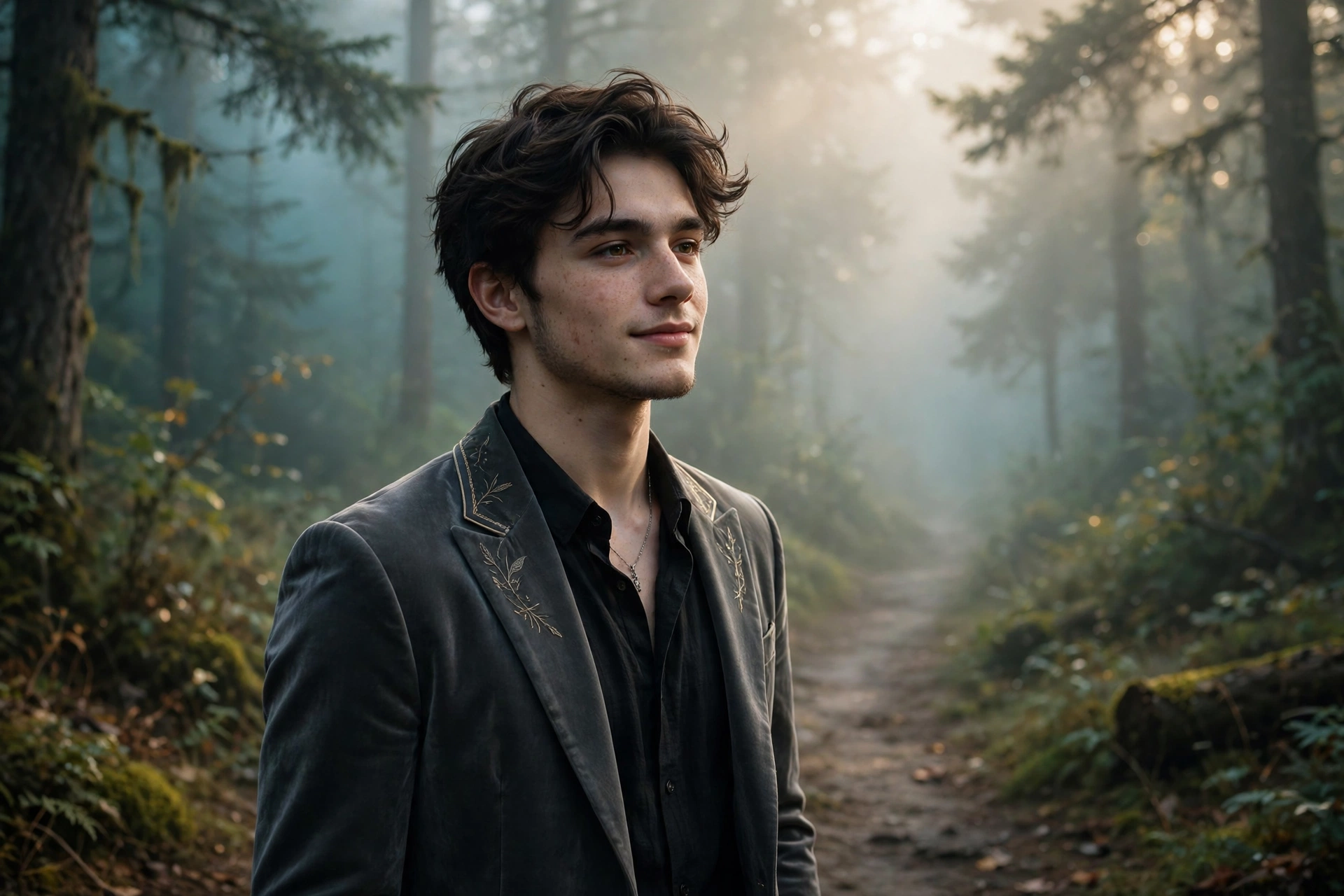 Create an ultra-realistic cinematic photograph of a young person in elegant attire standing in a foggy forest path in cinematic light, cinematic compo