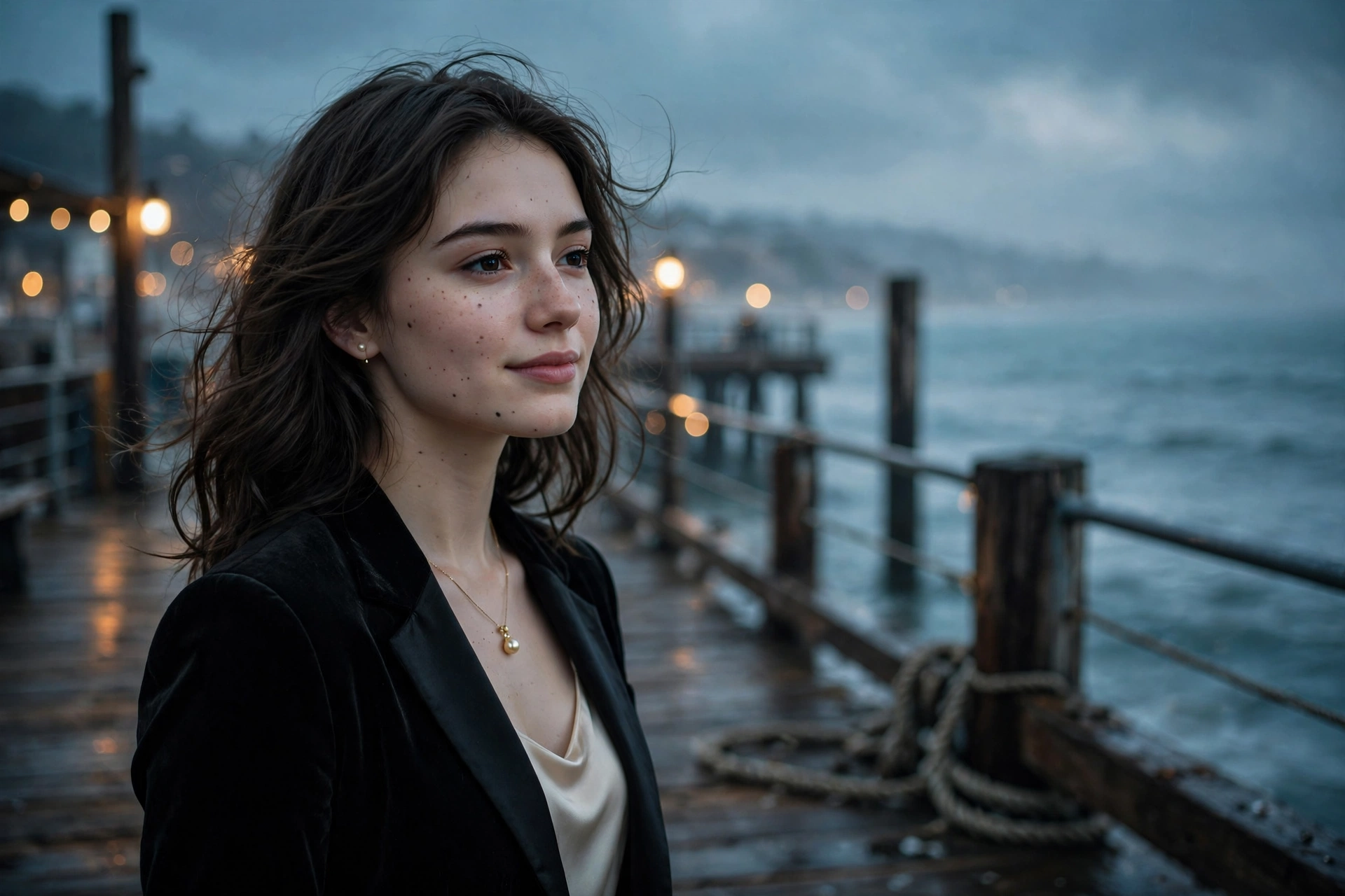 Create an ultra-realistic cinematic photograph of a young person in elegant attire standing in a seaside pier in moody light, cinematic composition, g