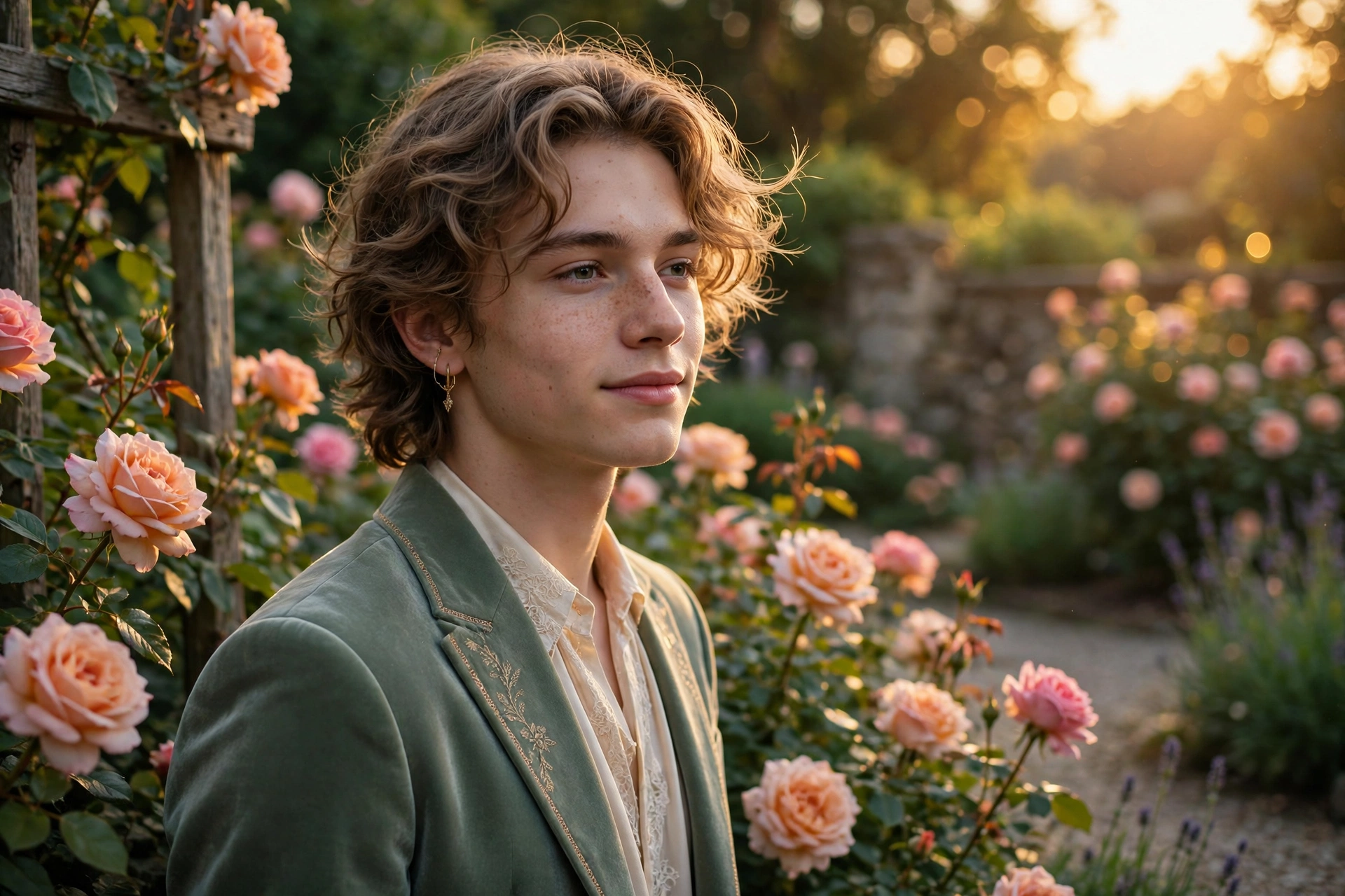 Create an ultra-realistic cinematic photograph of a young person in elegant attire standing in a rose garden in golden light, cinematic composition, g