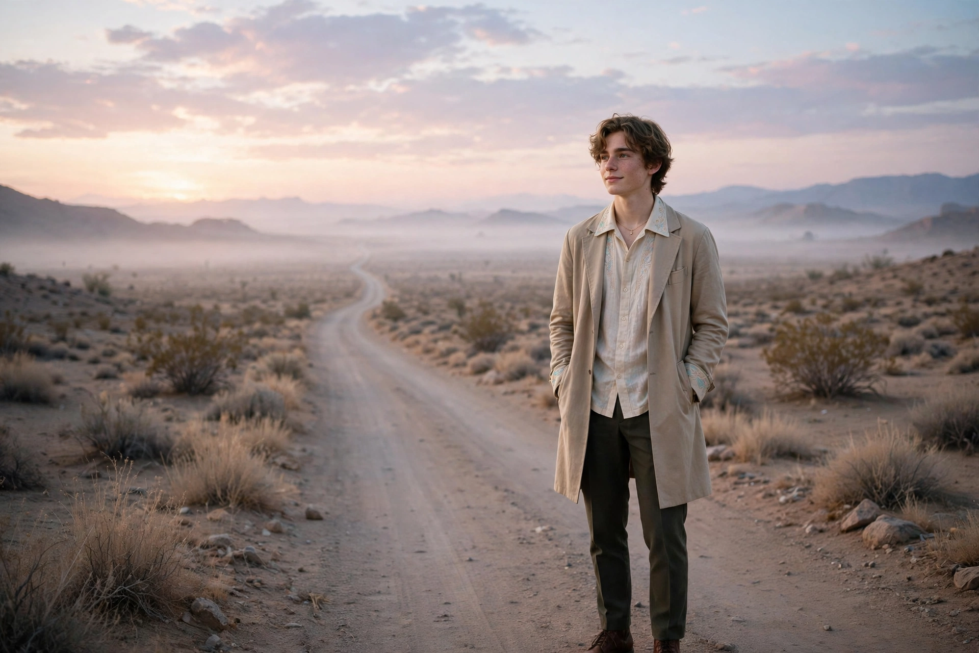 Create an ultra-realistic cinematic photograph of a young person in elegant attire standing in a desert road in pastel light, cinematic composition, g