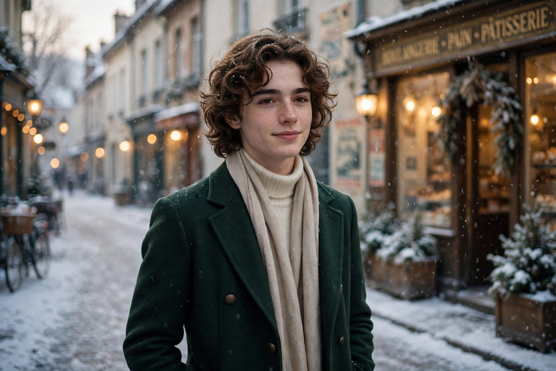 Create an ultra-realistic cinematic photograph of a young person in elegant attire standing in a snowy street in vintage light, cinematic composition