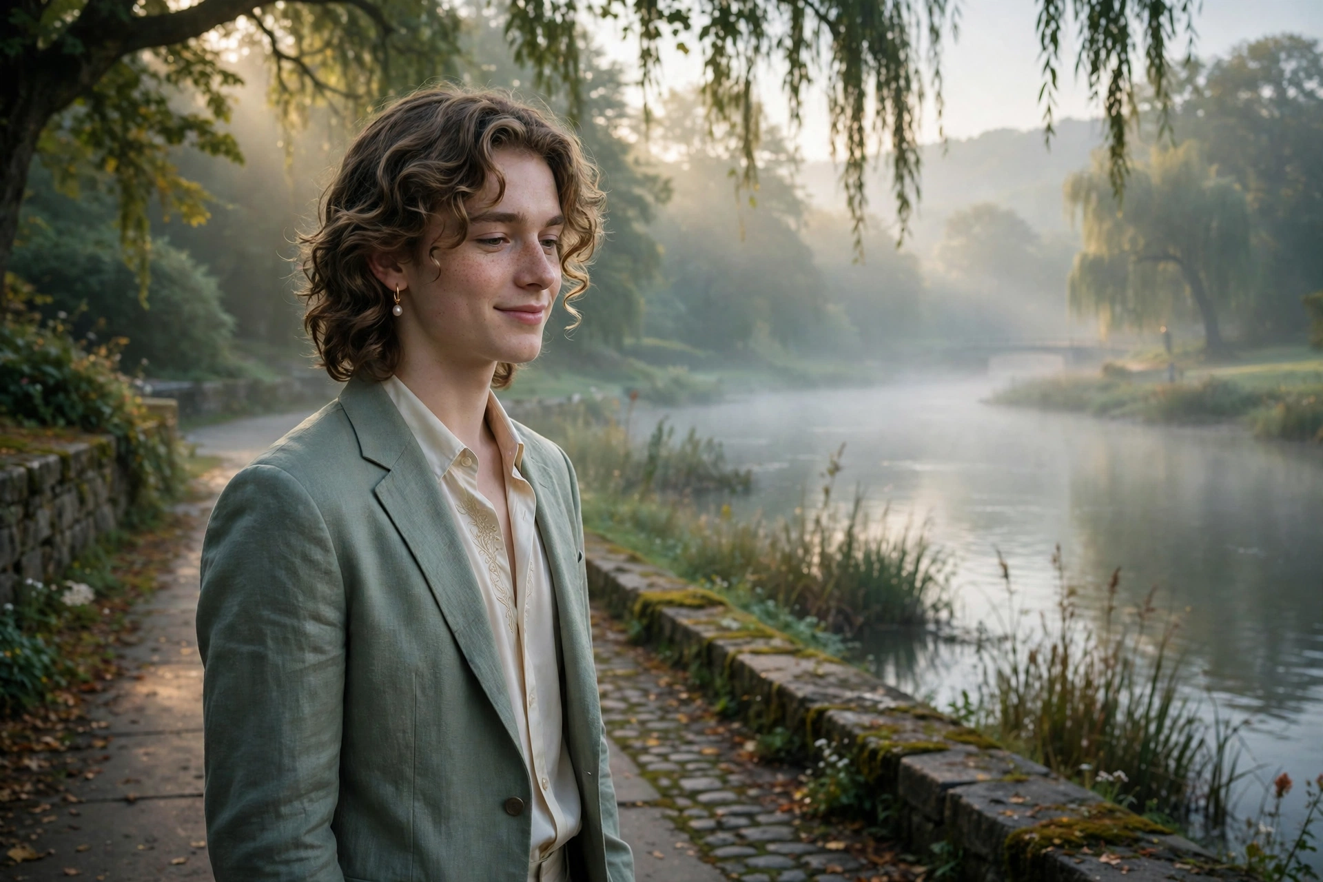 Create an ultra-realistic cinematic photograph of a young person in elegant attire standing in a riverside walk in ethereal light, cinematic compositi