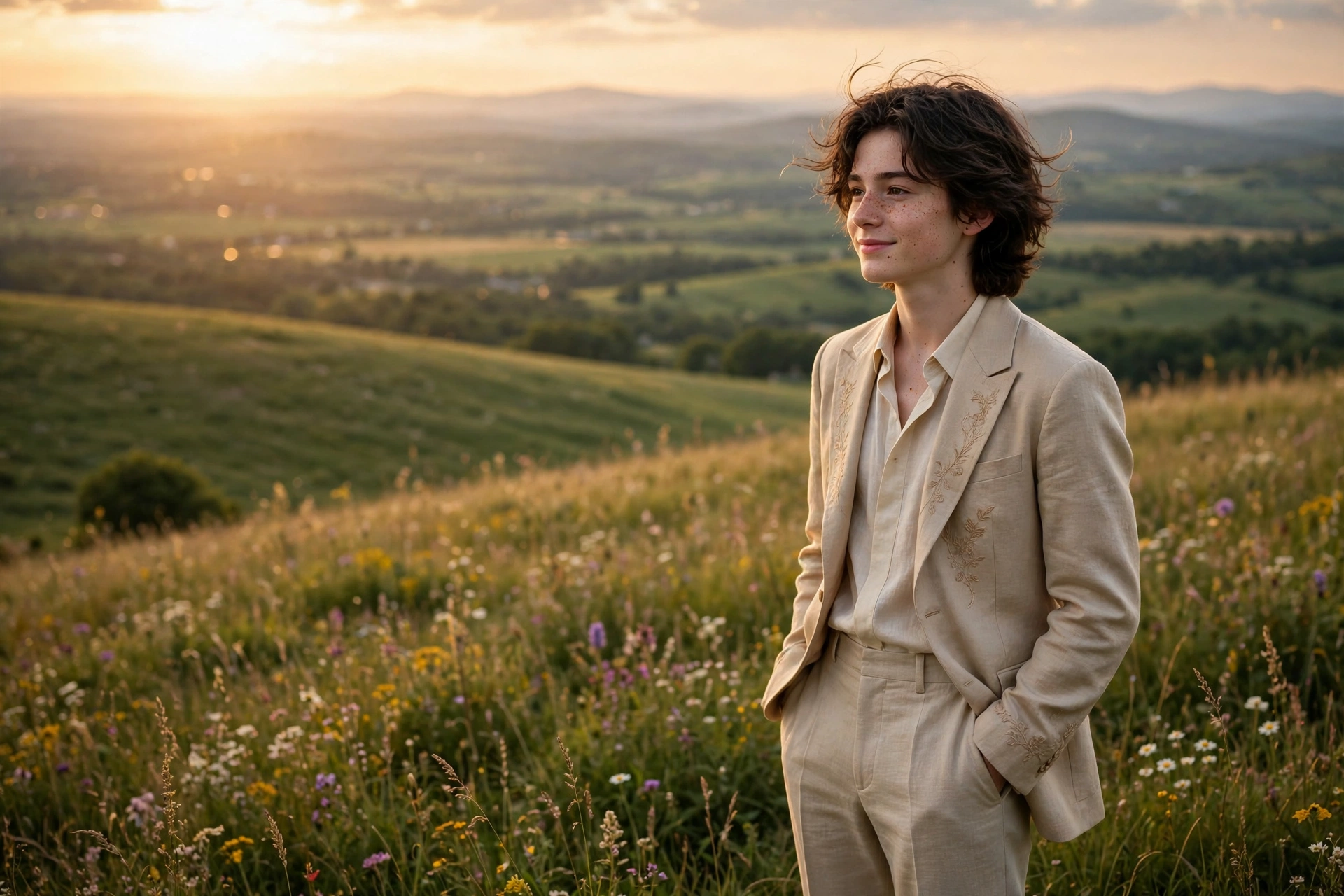 Create an ultra-realistic cinematic photograph of a young person in elegant attire standing in a hilltop meadow in warm light, cinematic composition