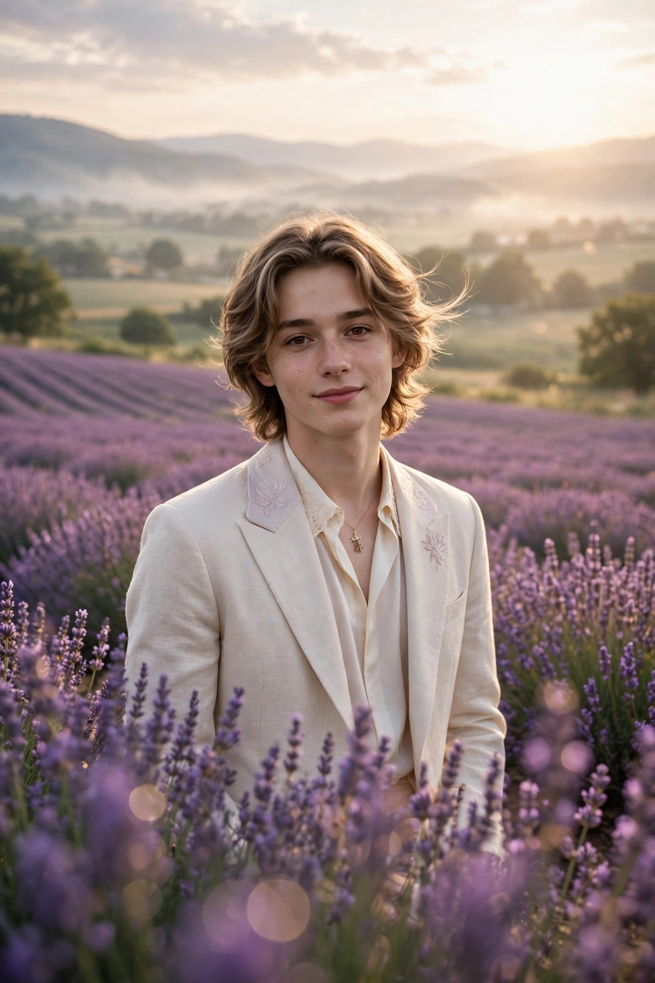 Create an ultra-realistic cinematic photograph of a young person in elegant attire standing in a lavender field in dreamy light, cinematic composition
