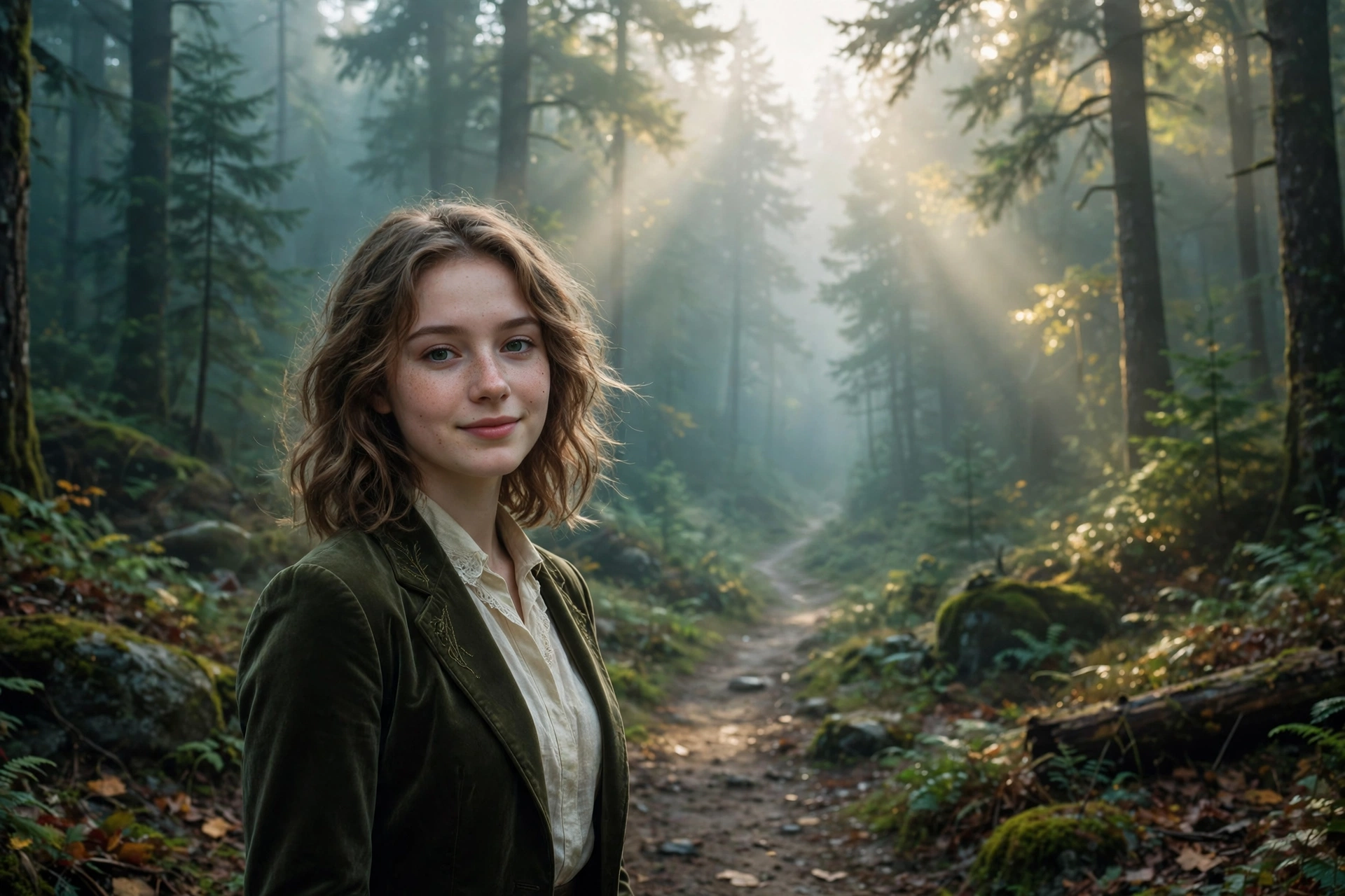 Create an ultra-realistic cinematic photograph of a young person in elegant attire standing in a foggy forest path in cinematic light, cinematic compo