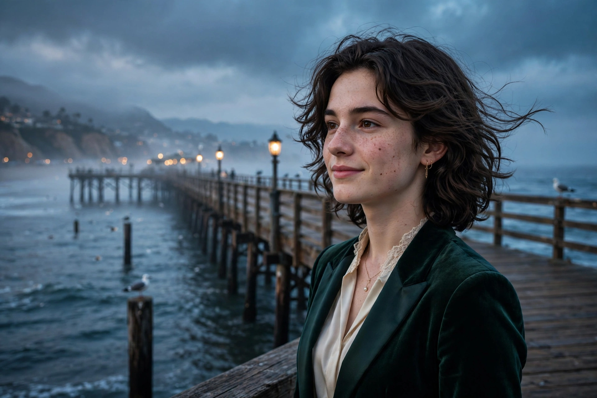 Create an ultra-realistic cinematic photograph of a young person in elegant attire standing in a seaside pier in moody light, cinematic composition, g