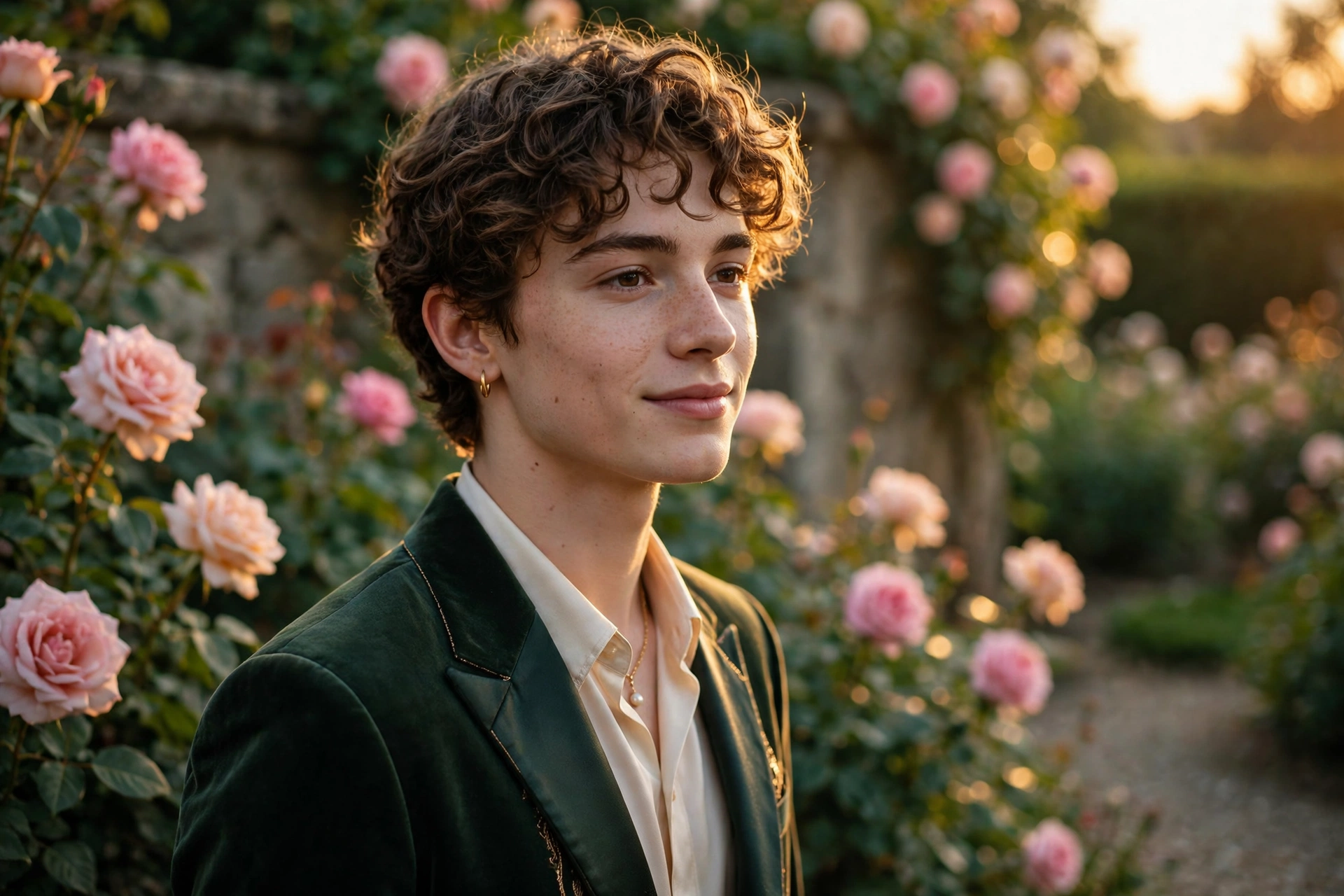 Create an ultra-realistic cinematic photograph of a young person in elegant attire standing in a rose garden in golden light, cinematic composition, g