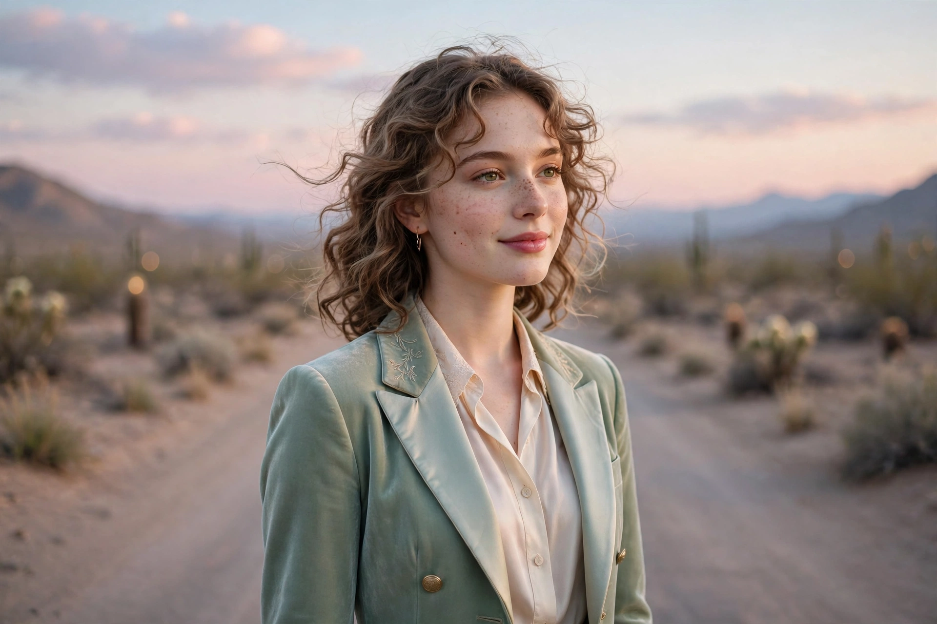 Create an ultra-realistic cinematic photograph of a young person in elegant attire standing in a desert road in pastel light, cinematic composition, g