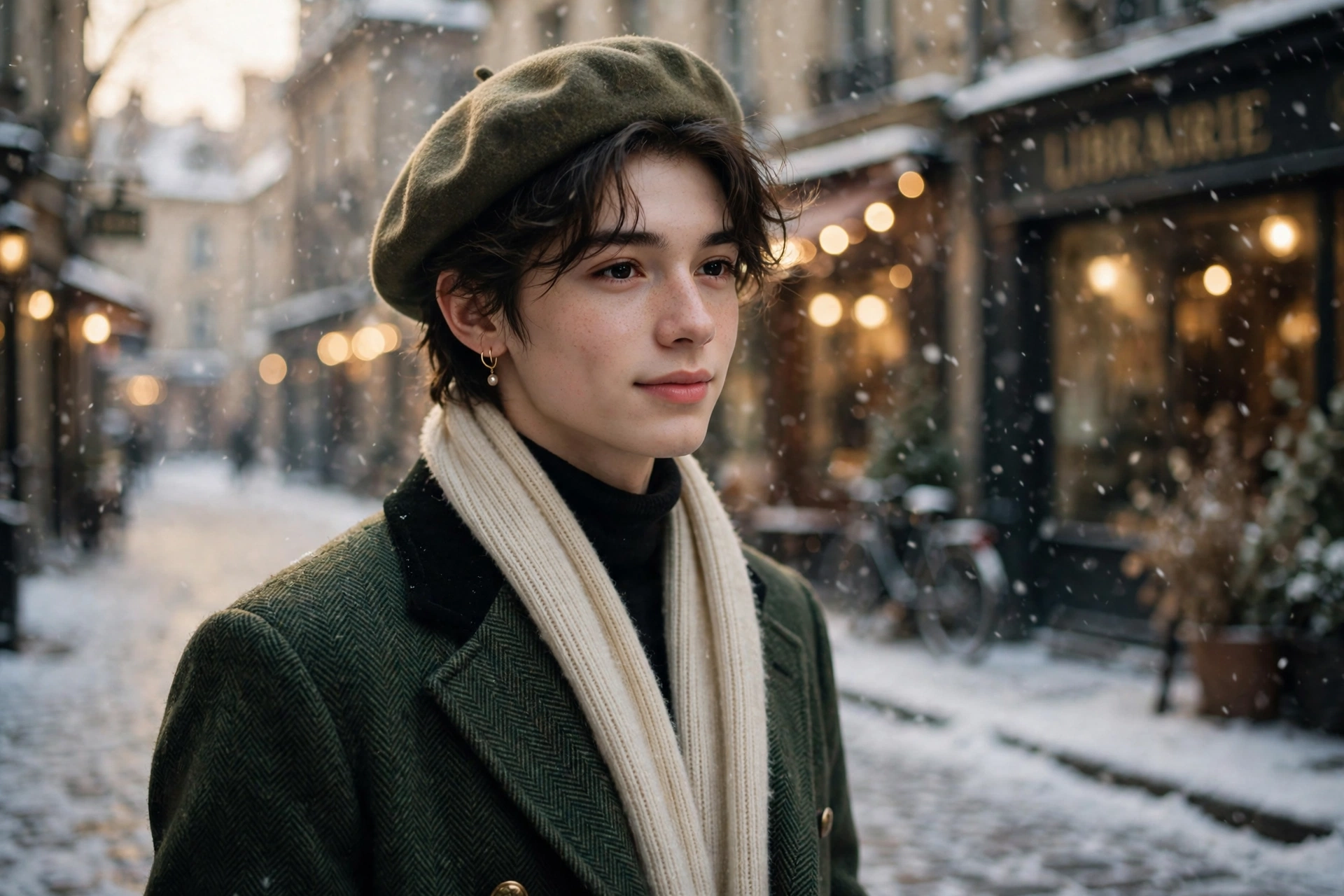 Create an ultra-realistic cinematic photograph of a young person in elegant attire standing in a snowy street in vintage light, cinematic composition