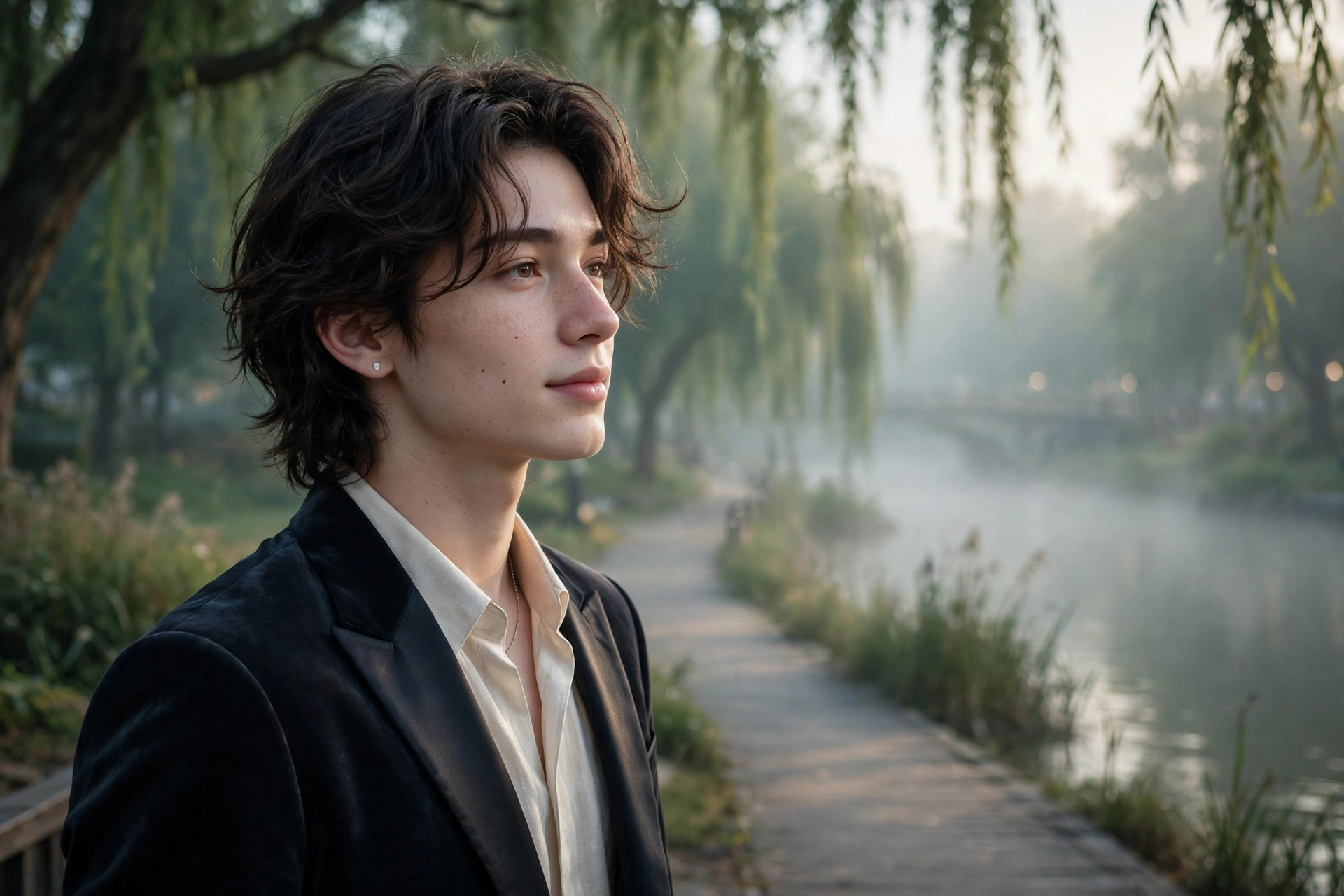 Create an ultra-realistic cinematic photograph of a young person in elegant attire standing in a riverside walk in ethereal light, cinematic compositi
