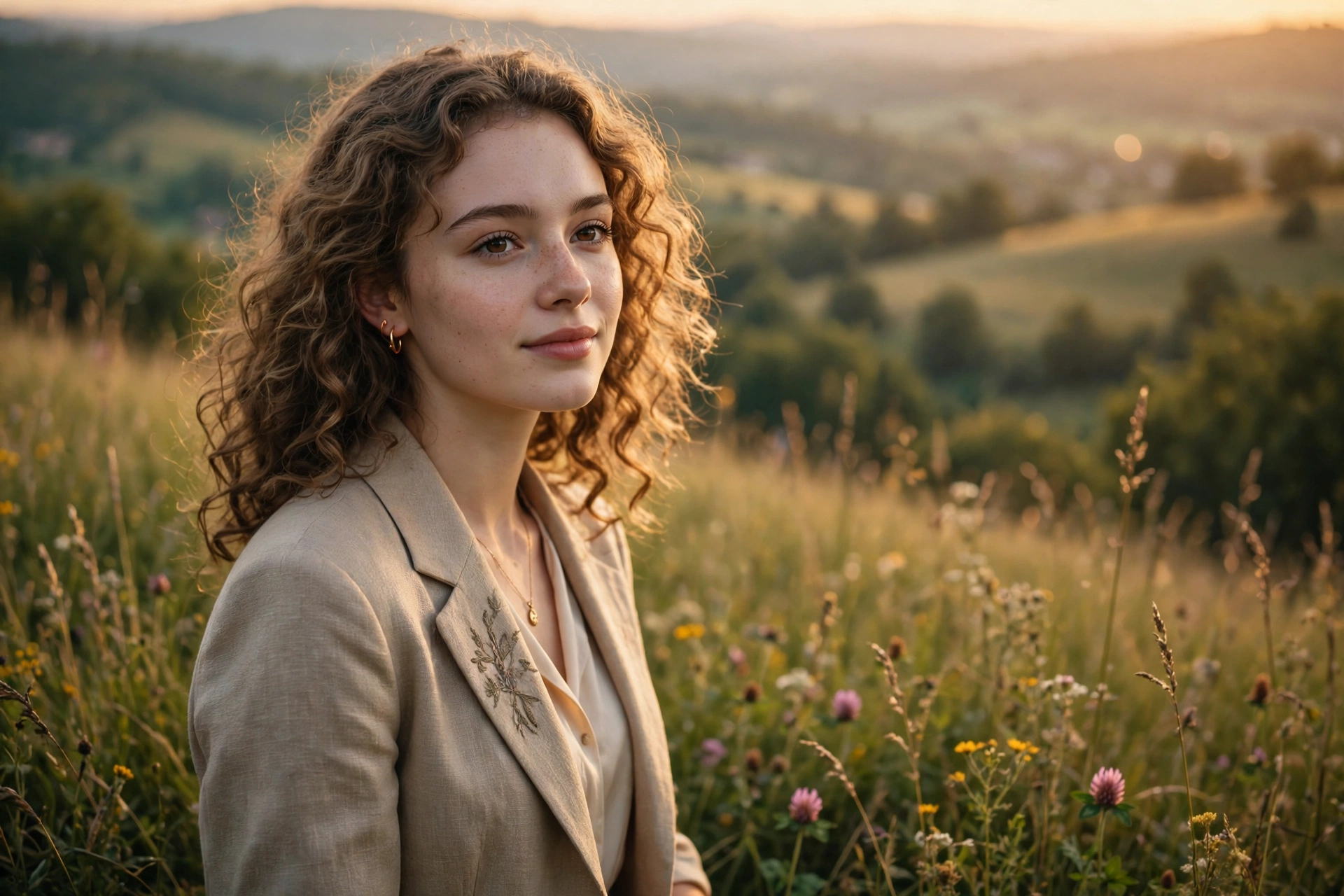 Create an ultra-realistic cinematic photograph of a young person in elegant attire standing in a hilltop meadow in warm light, cinematic composition
