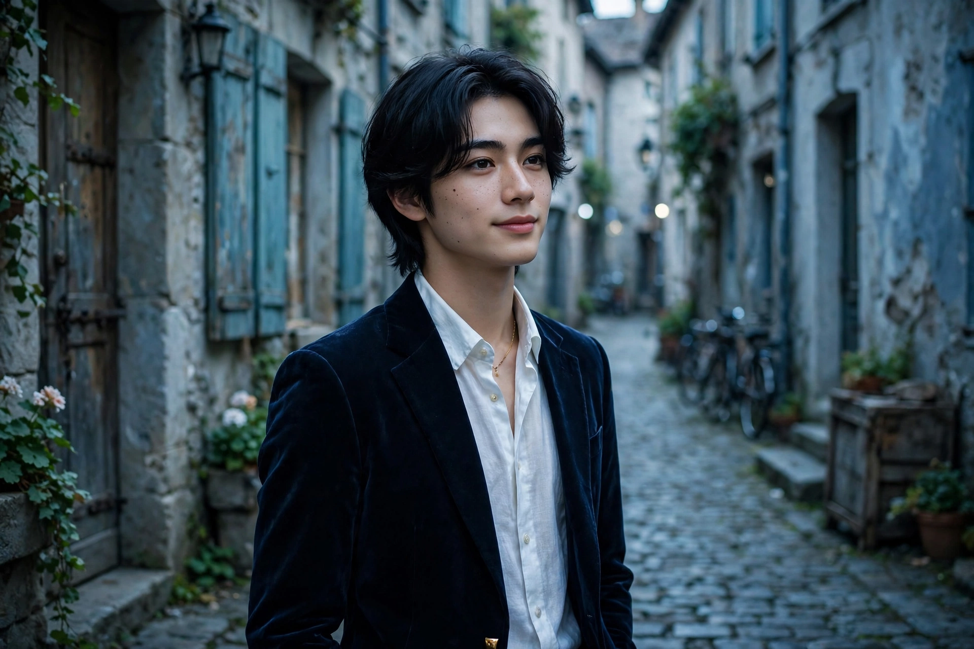 Create an ultra-realistic cinematic photograph of a young person in elegant attire standing in a old town alley in cool light, cinematic composition