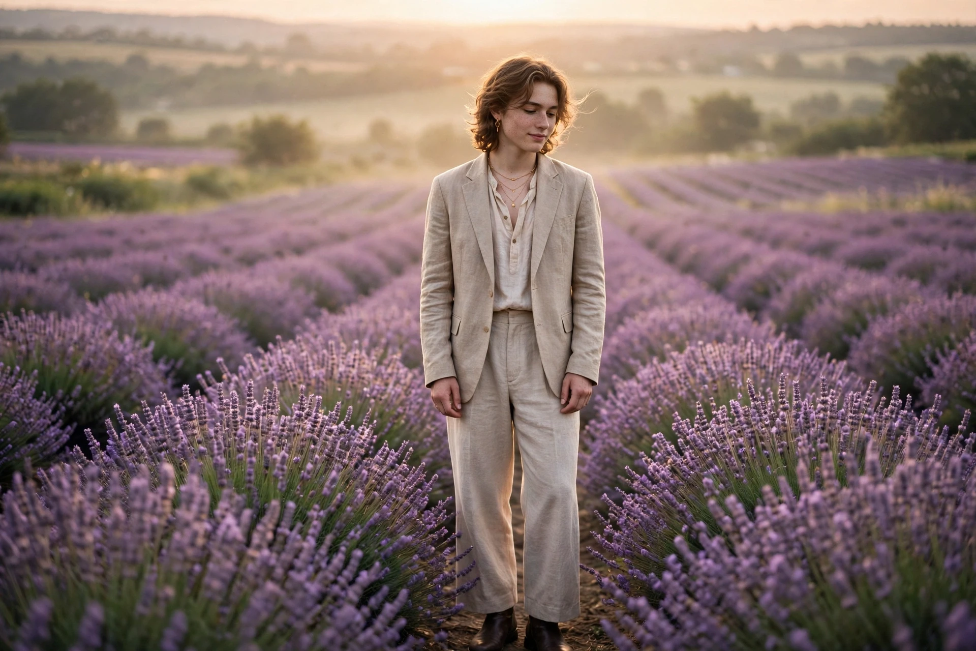 Create an ultra-realistic cinematic photograph of a young person in elegant attire standing in a lavender field in dreamy light, cinematic composition
