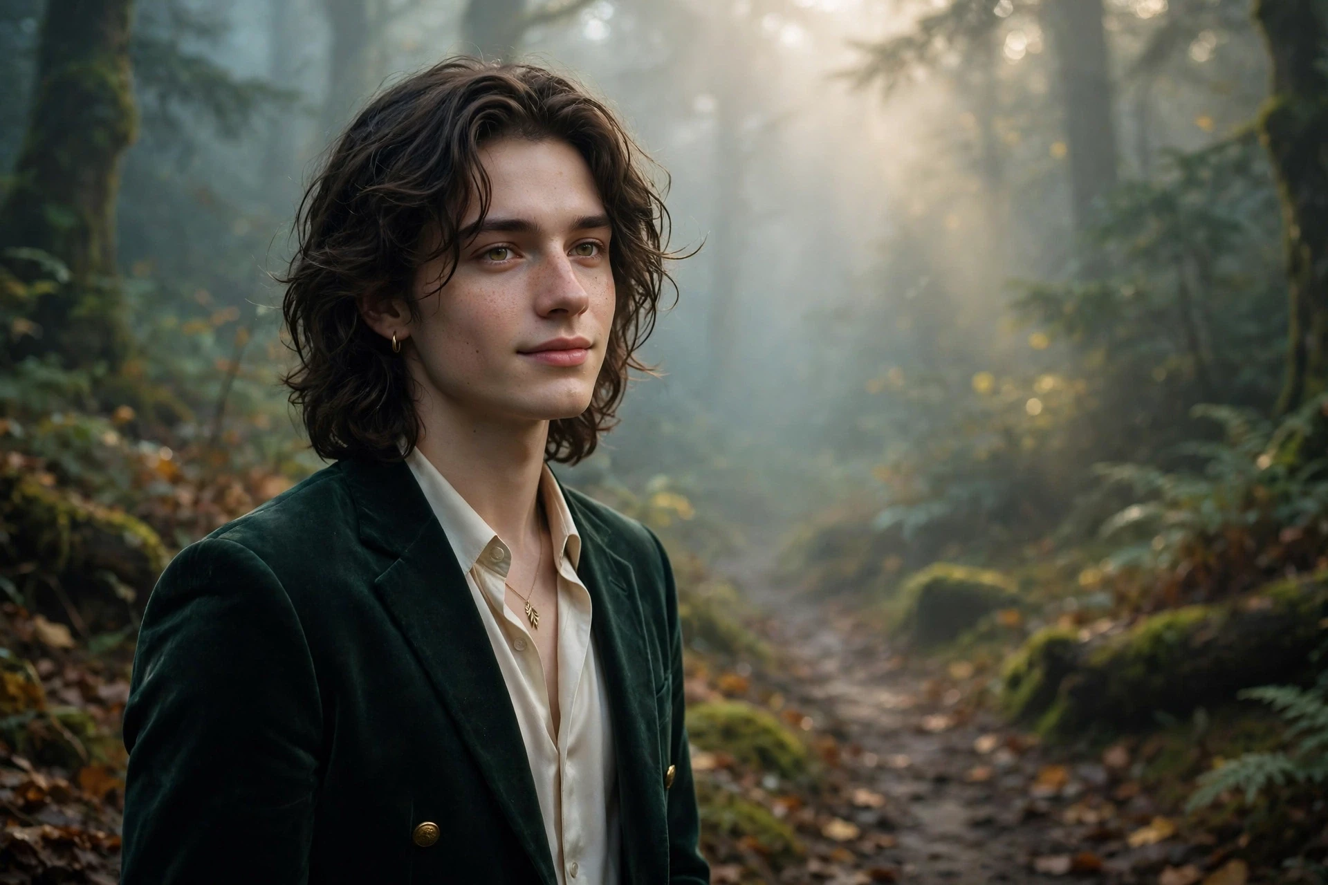 Create an ultra-realistic cinematic photograph of a young person in elegant attire standing in a foggy forest path in cinematic light, cinematic compo