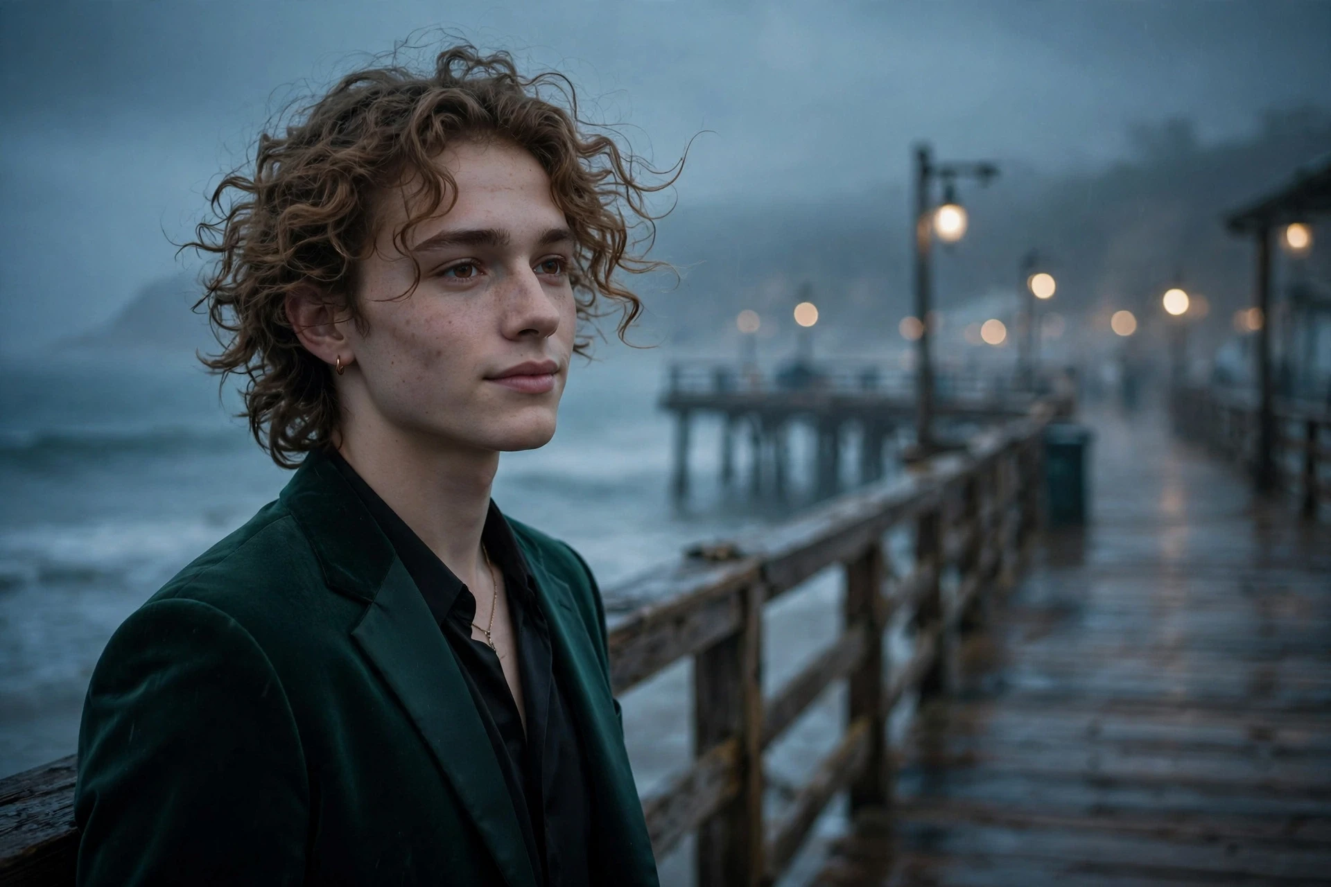 Create an ultra-realistic cinematic photograph of a young person in elegant attire standing in a seaside pier in moody light, cinematic composition, g