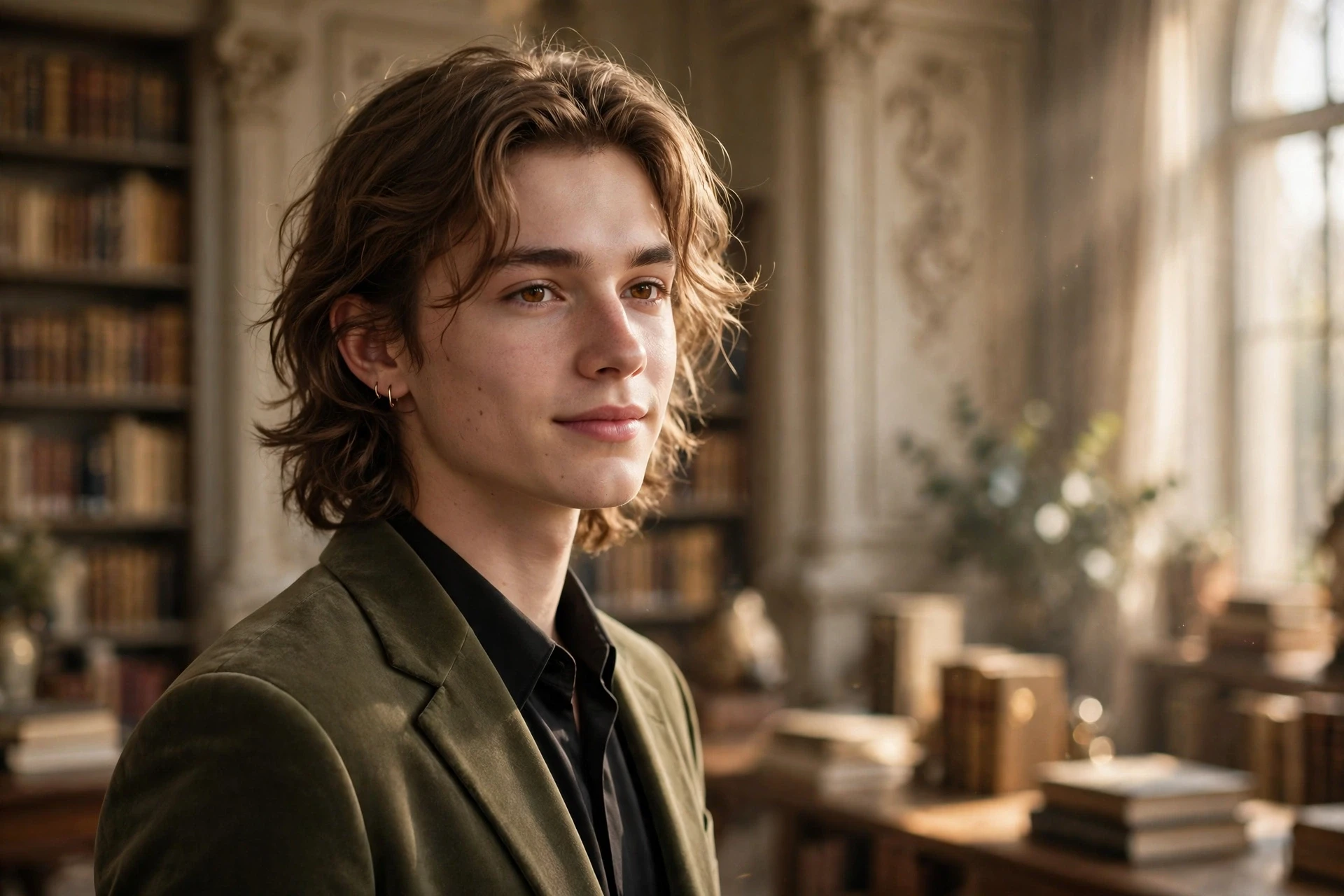 Create an ultra-realistic cinematic photograph of a young person in elegant attire standing in a sunlit library in soft light, cinematic composition