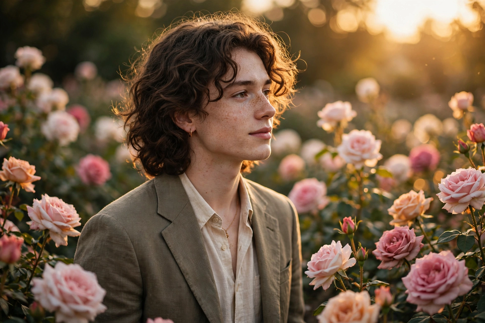 Create an ultra-realistic cinematic photograph of a young person in elegant attire standing in a rose garden in golden light, cinematic composition, g