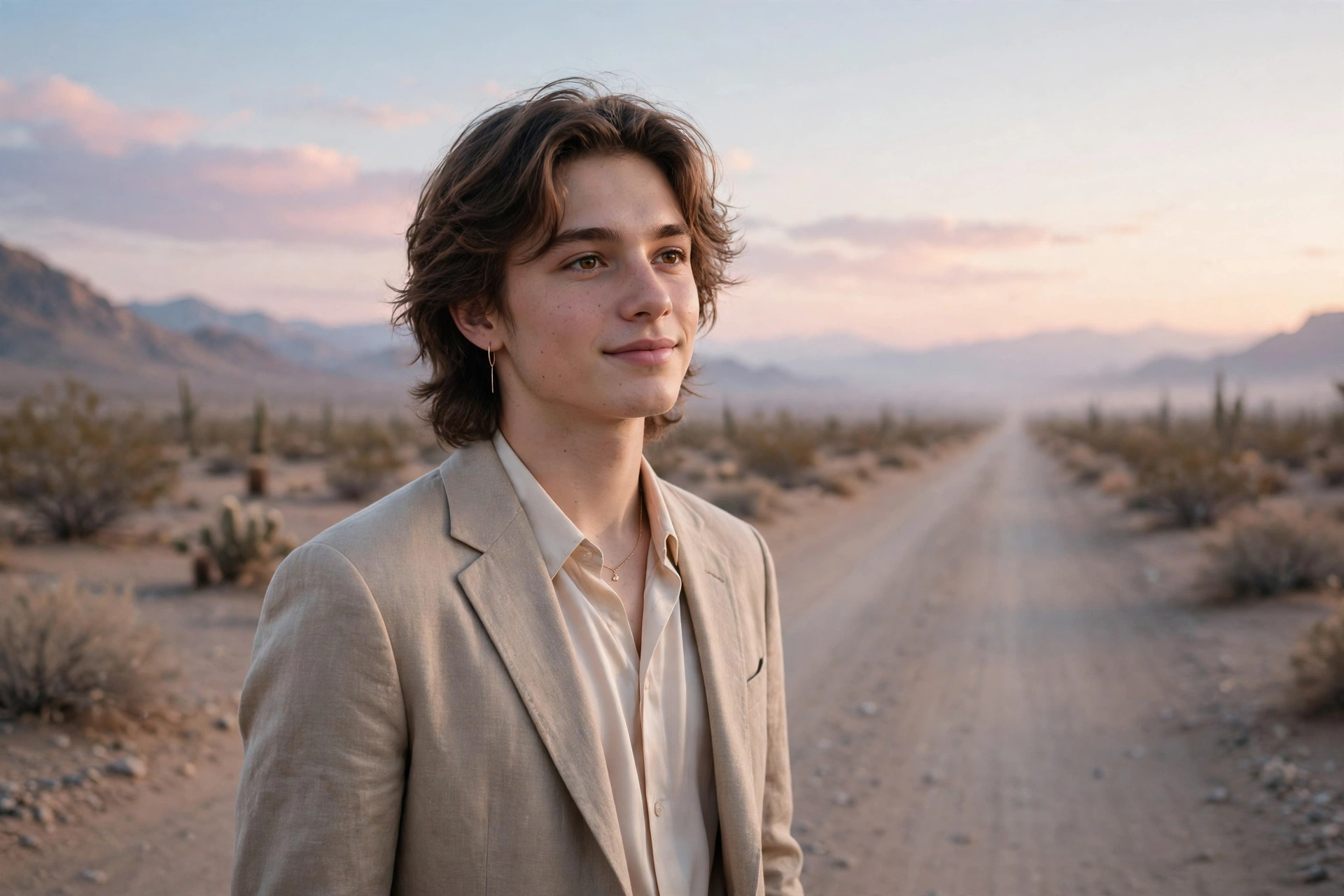 Create an ultra-realistic cinematic photograph of a young person in elegant attire standing in a desert road in pastel light, cinematic composition, g