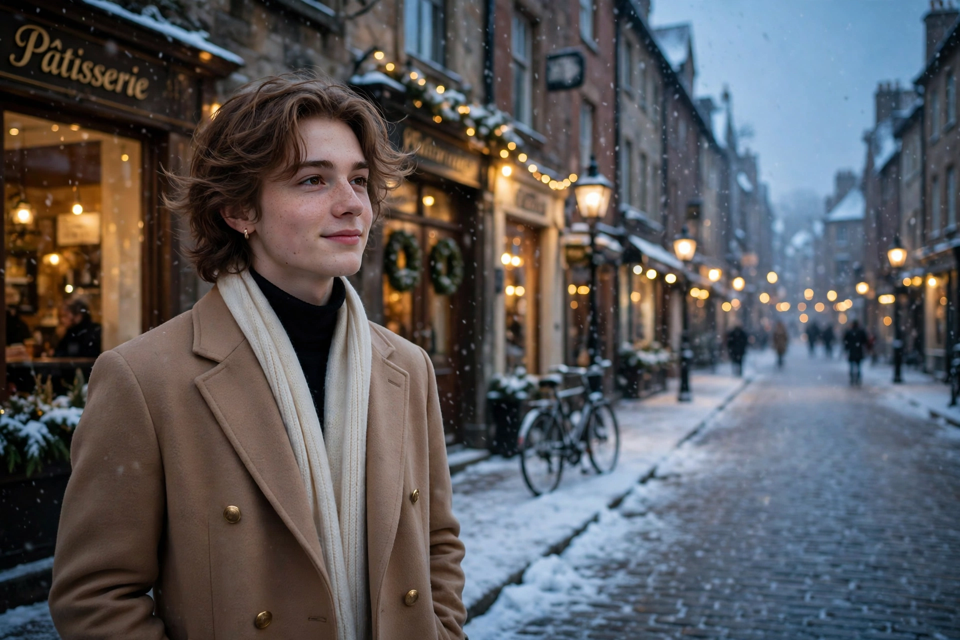 Create an ultra-realistic cinematic photograph of a young person in elegant attire standing in a snowy street in vintage light, cinematic composition