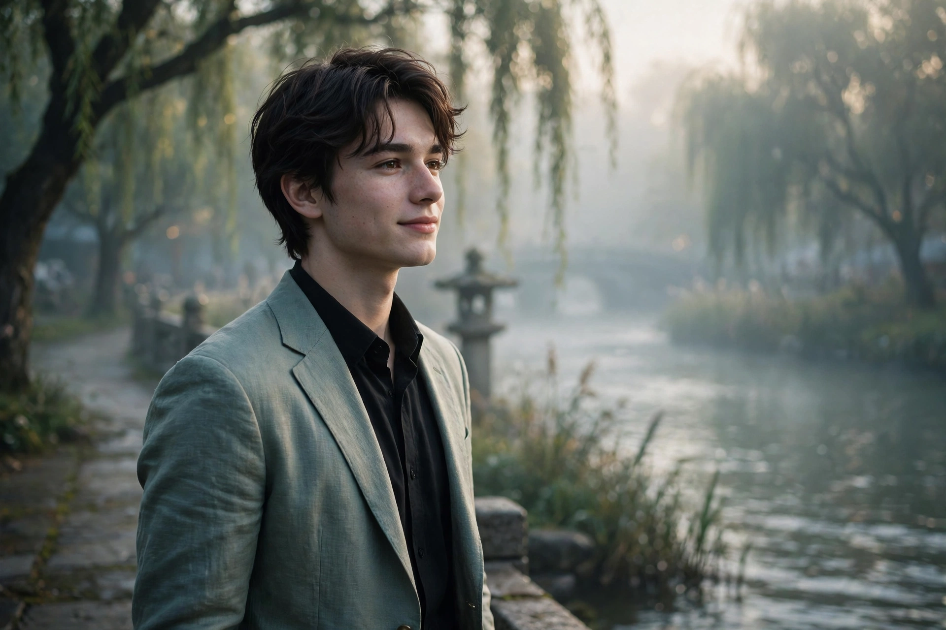 Create an ultra-realistic cinematic photograph of a young person in elegant attire standing in a riverside walk in ethereal light, cinematic compositi