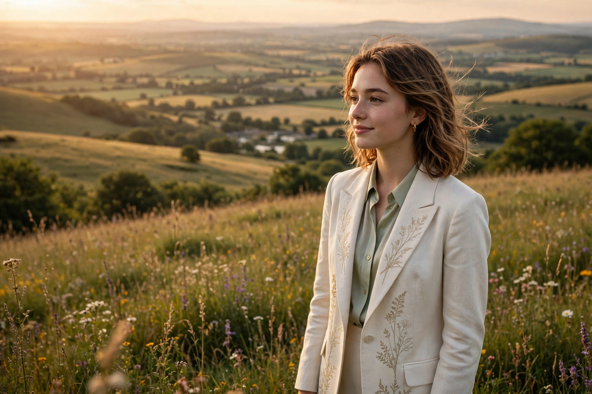 Create an ultra-realistic cinematic photograph of a young person in elegant attire standing in a hilltop meadow in warm light, cinematic composition