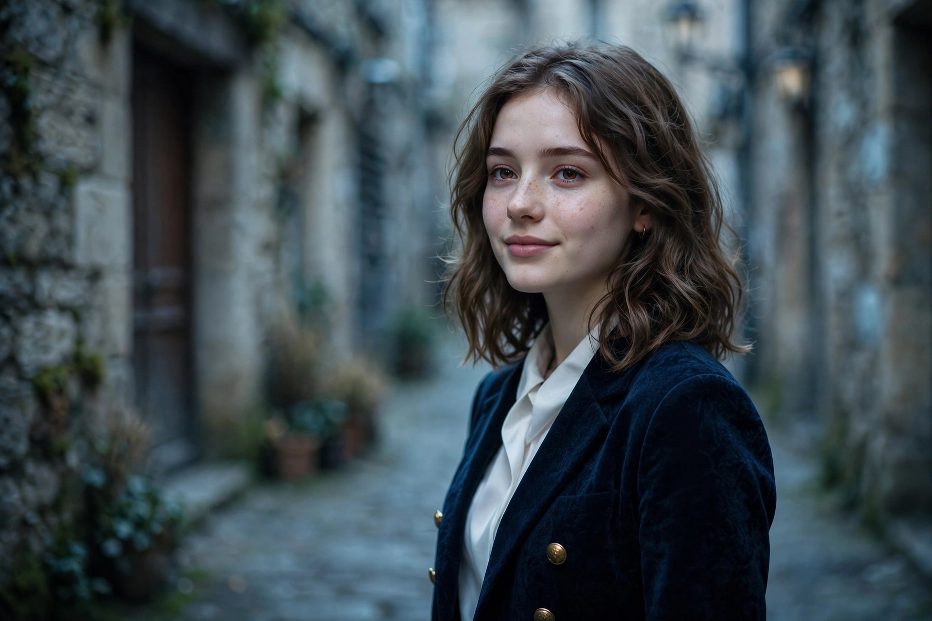 Create an ultra-realistic cinematic photograph of a young person in elegant attire standing in a old town alley in cool light, cinematic composition