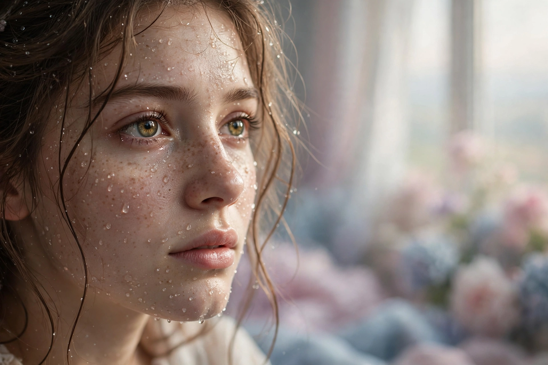Create an ultra-realistic cinematic photograph of a close-up portrait of a young woman with expressive eyes, soft window light, dewdrops on skin, drea