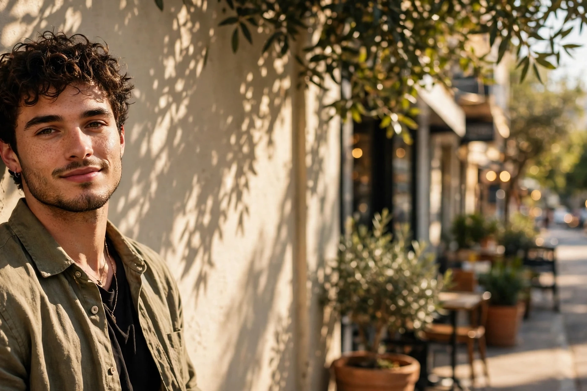 Create an ultra-realistic cinematic photograph of a stylish young man in a casual shirt posing by a sunlit wall with shadows of leaves, confident rela