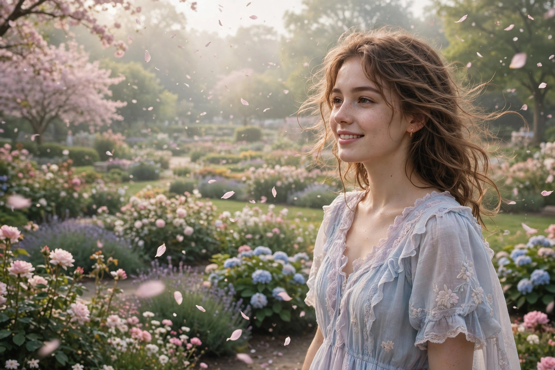 Create an ultra-realistic cinematic photograph of a young woman in a soft pastel dress in a blooming garden, dreamy haze, petals floating in the air