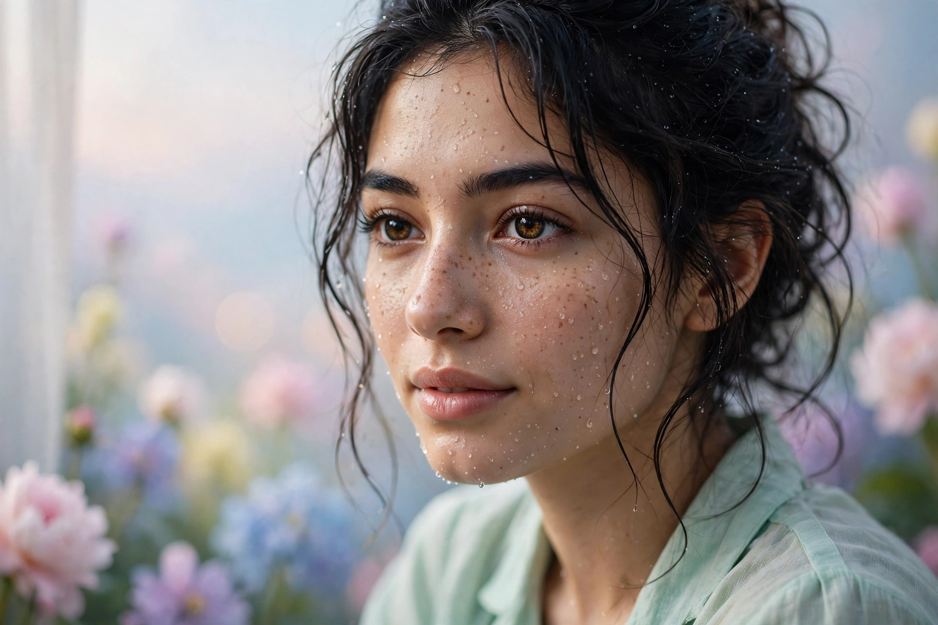 Create an ultra-realistic cinematic photograph of a close-up portrait of a young woman with expressive eyes, soft window light, dewdrops on skin, drea