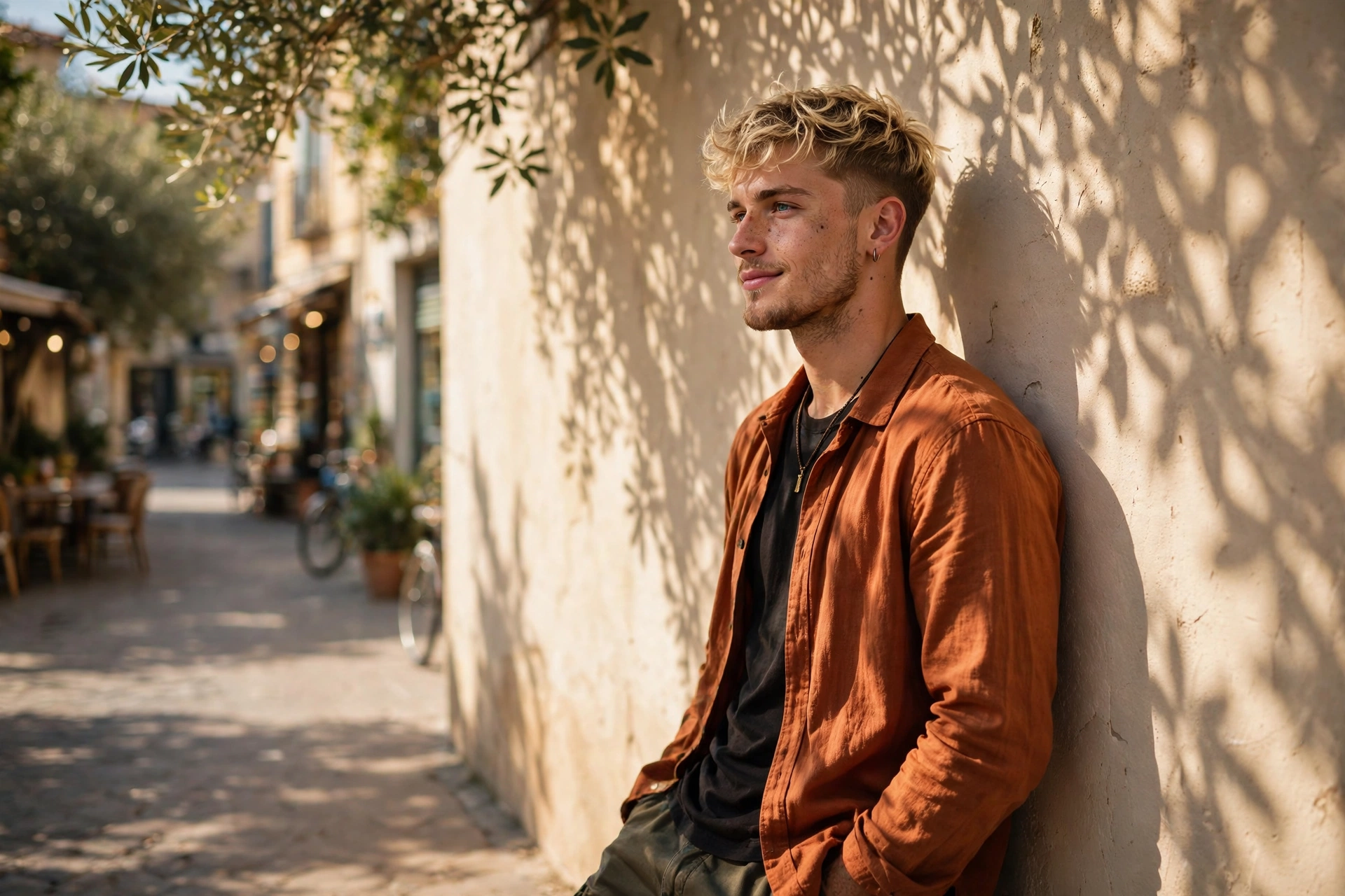 Create an ultra-realistic cinematic photograph of a stylish young man in a casual shirt posing by a sunlit wall with shadows of leaves, confident rela