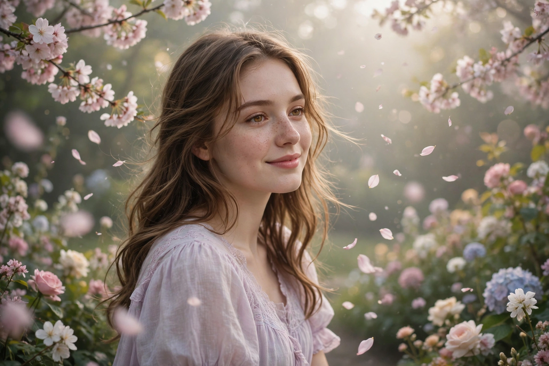 Create an ultra-realistic cinematic photograph of a young woman in a soft pastel dress in a blooming garden, dreamy haze, petals floating in the air