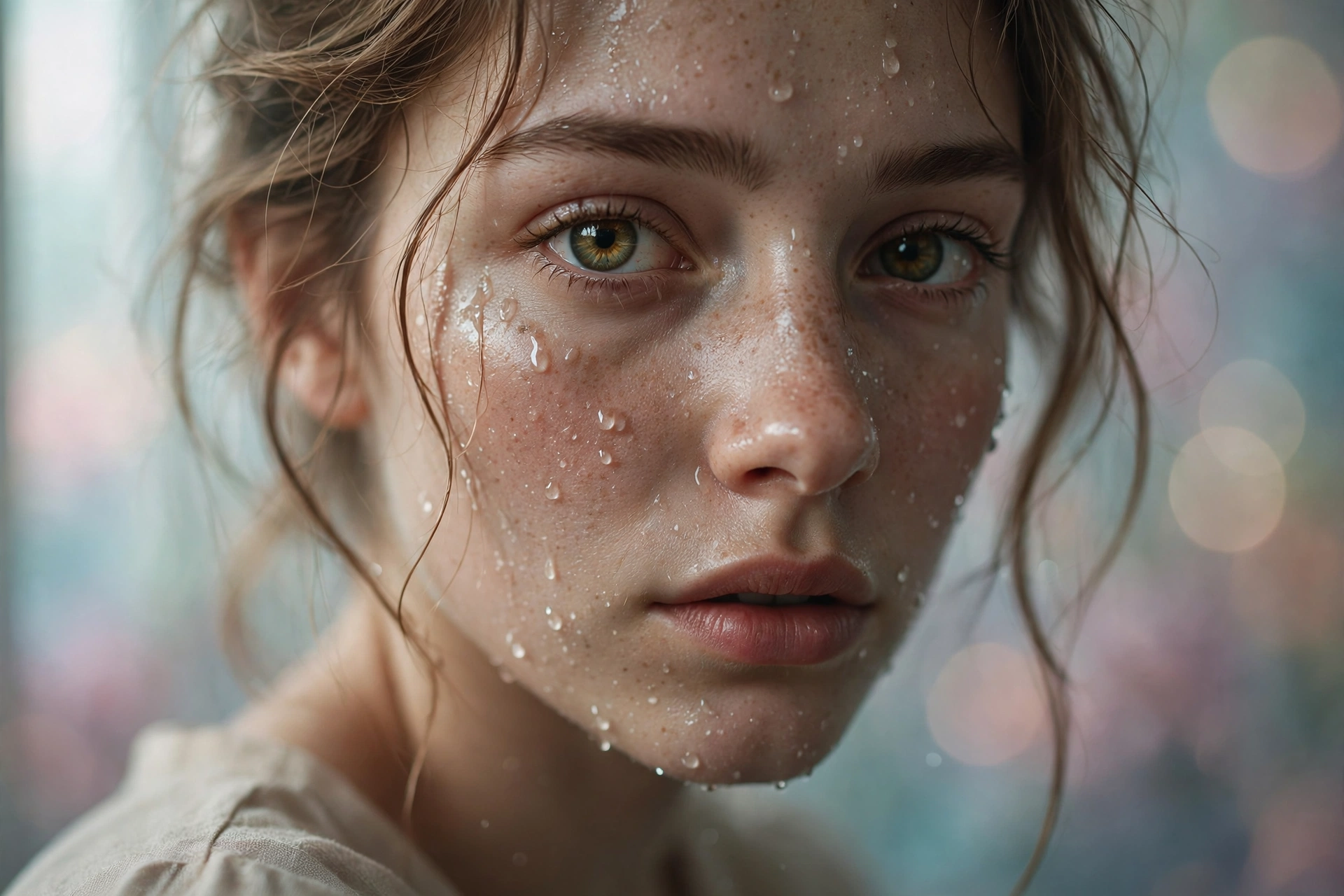 Create an ultra-realistic cinematic photograph of a close-up portrait of a young woman with expressive eyes, soft window light, dewdrops on skin, drea