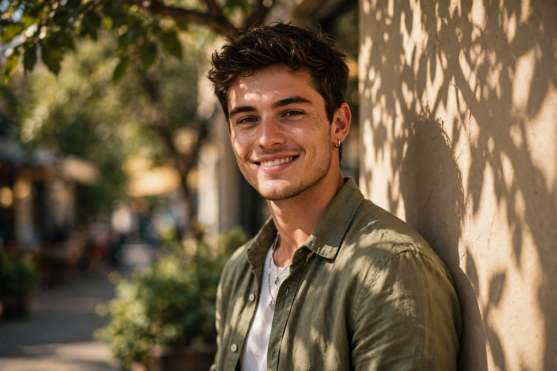 Create an ultra-realistic cinematic photograph of a stylish young man in a casual shirt posing by a sunlit wall with shadows of leaves, confident rela