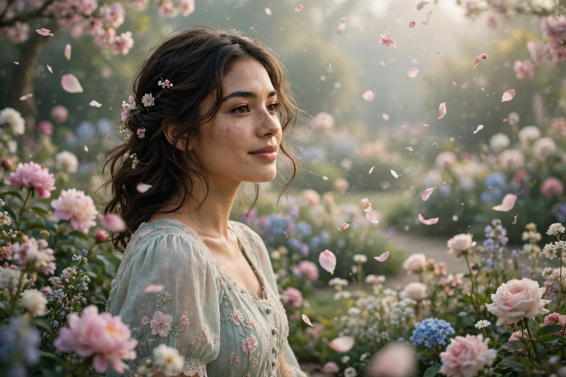 Create an ultra-realistic cinematic photograph of a young woman in a soft pastel dress in a blooming garden, dreamy haze, petals floating in the air