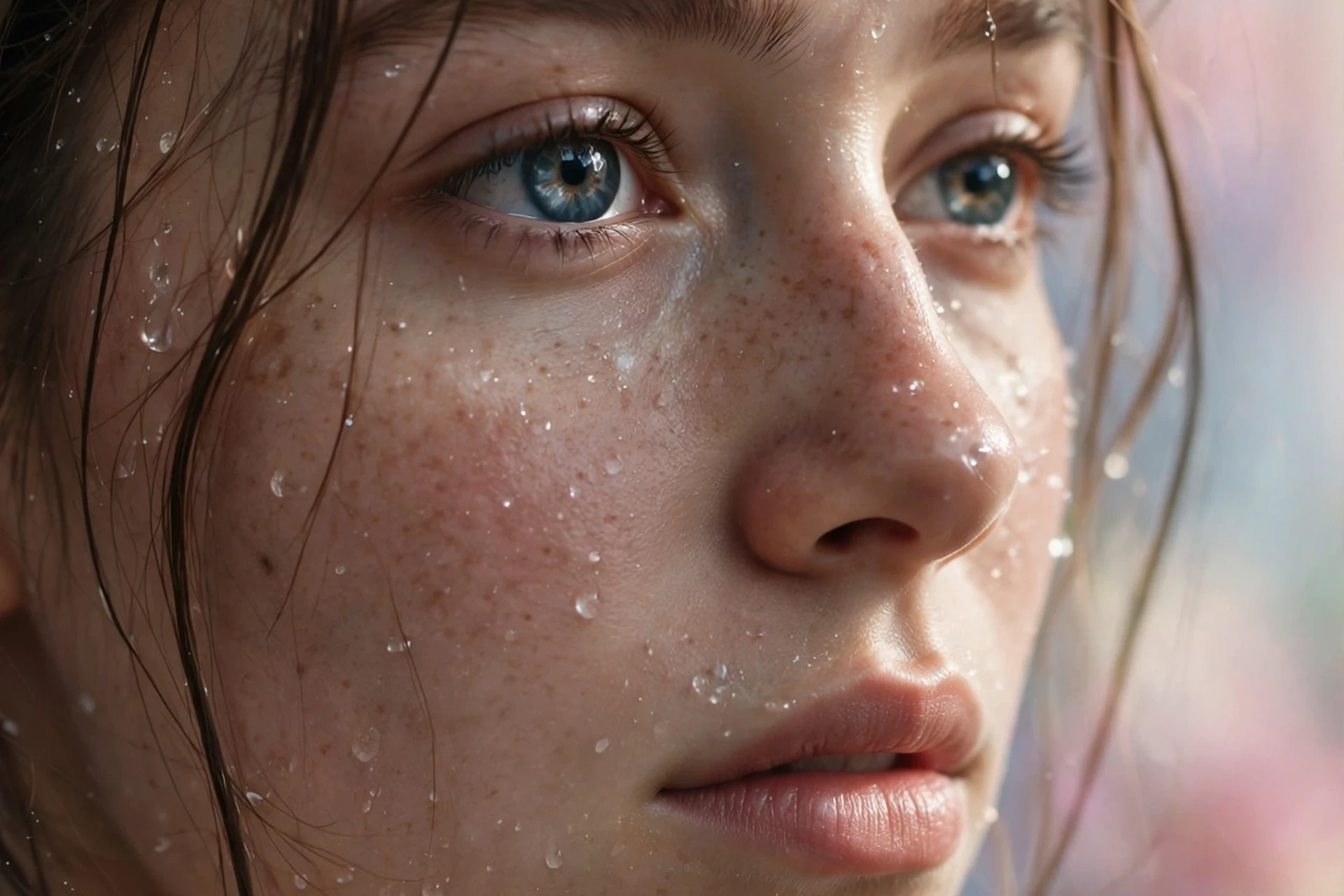 Create an ultra-realistic cinematic photograph of a close-up portrait of a young woman with expressive eyes, soft window light, dewdrops on skin, drea