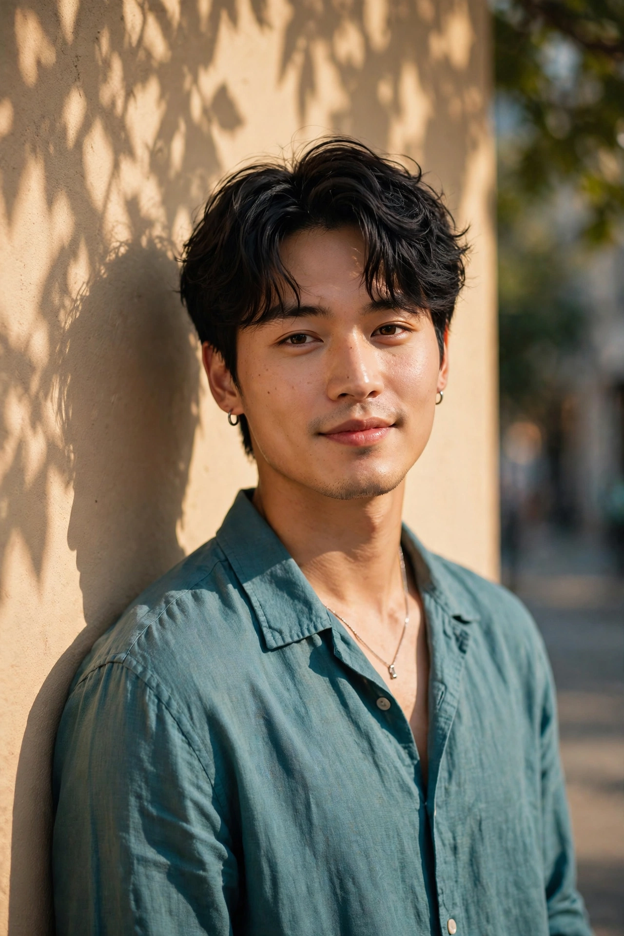 Create an ultra-realistic cinematic photograph of a stylish young man in a casual shirt posing by a sunlit wall with shadows of leaves, confident rela