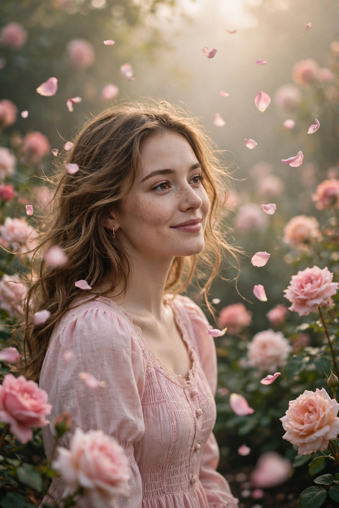 Create an ultra-realistic cinematic photograph of a young woman in a soft pastel dress in a blooming garden, dreamy haze, petals floating in the air