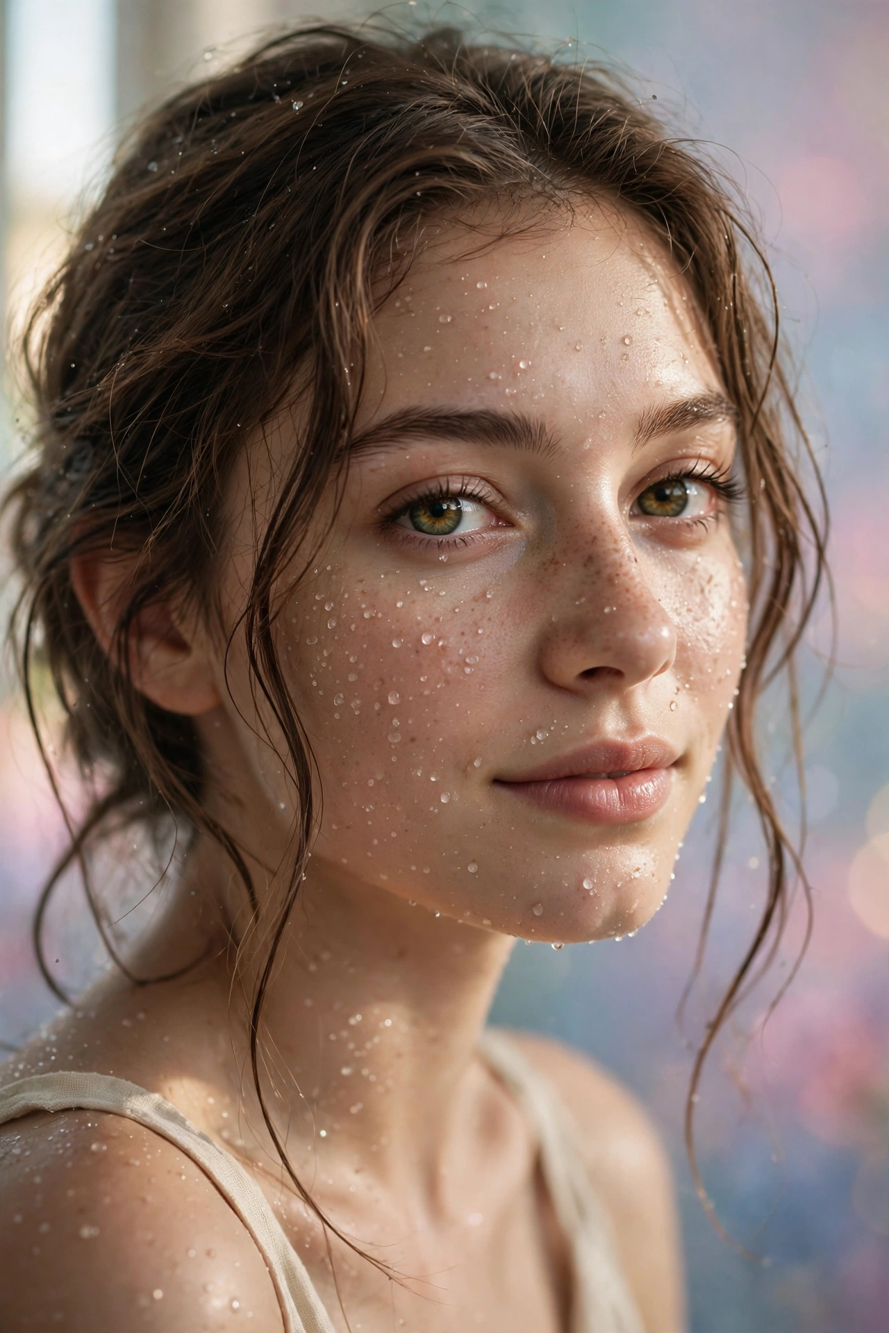 Create an ultra-realistic cinematic photograph of a close-up portrait of a young woman with expressive eyes, soft window light, dewdrops on skin, drea